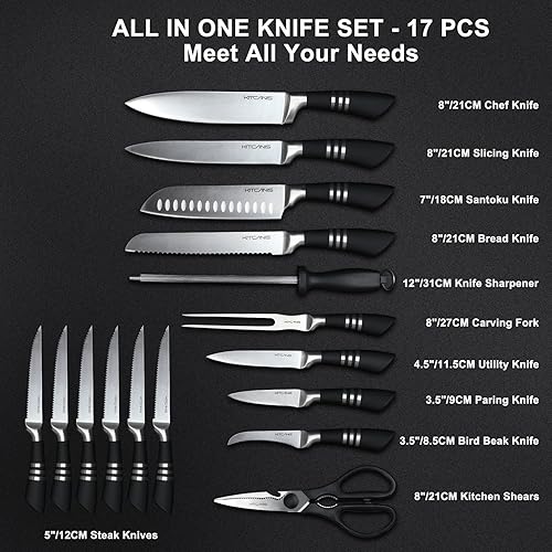 Miniatura 2 de Juego de cuchillos con bloque de 17 piezas, juego de cuchillos de cocina con afilador, juego de cuchillos negros de acero inoxidable para cortar,