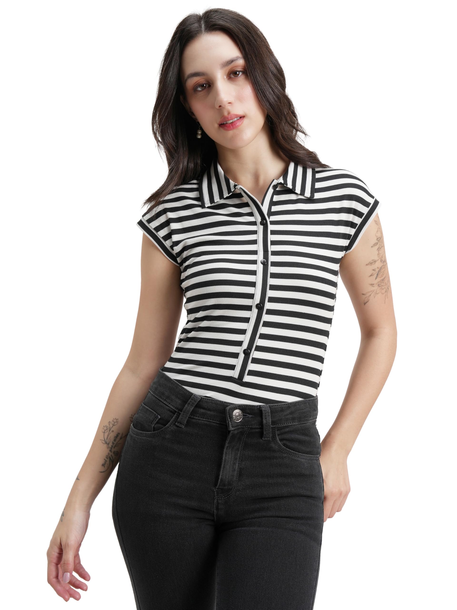 tokyo talkies Women SHIRT COLLAR Bodysuit TTBT000160 BLACK/WHITE M-picture-23