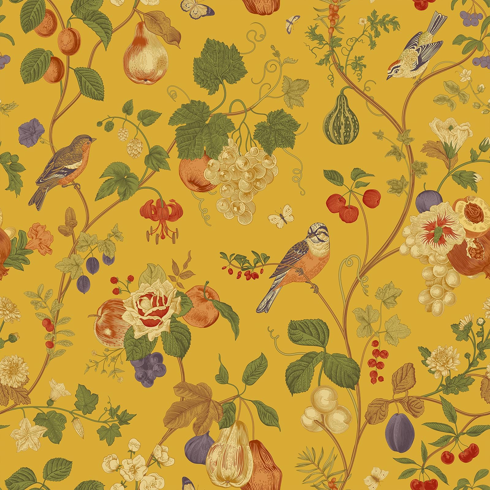 VEELIKE Yellow Floral Wallpaper Asian Style Wallpaper Stick and Peel Vintage Bird and Flower Self Adhesive Contact Paper Removable Vinyl Paper Sticker Roll For Bedroom Cabinets Bathroom 44.5x300cm