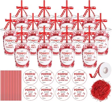 Sieral 24 Packet Valentines Day Party Favors Gifts Include 16oz Cup, Red Pencil, Sticker, Raffia Paper, Love Ribbon for Valentines Exchange Goody Bag Supplies