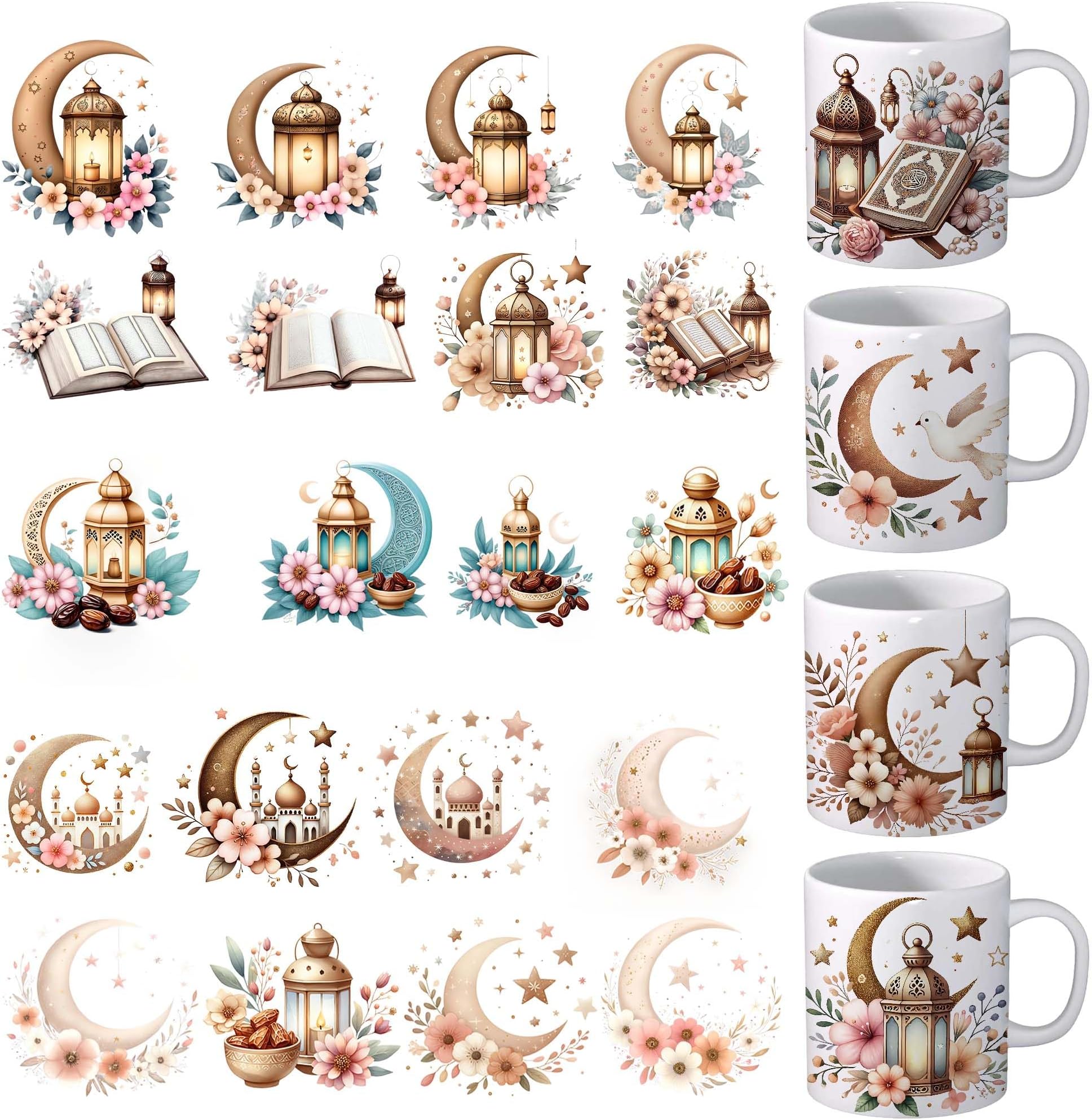 UV DTF Cup Wrap - 24 Sheets Spring Style UV DTF Cup Wraps for Mug Ramadan Uvdtf Decals Waterproof Rub warf Wild Flower Iron On Transfer for Glass Cups Wood Crafts (Ramadan)
