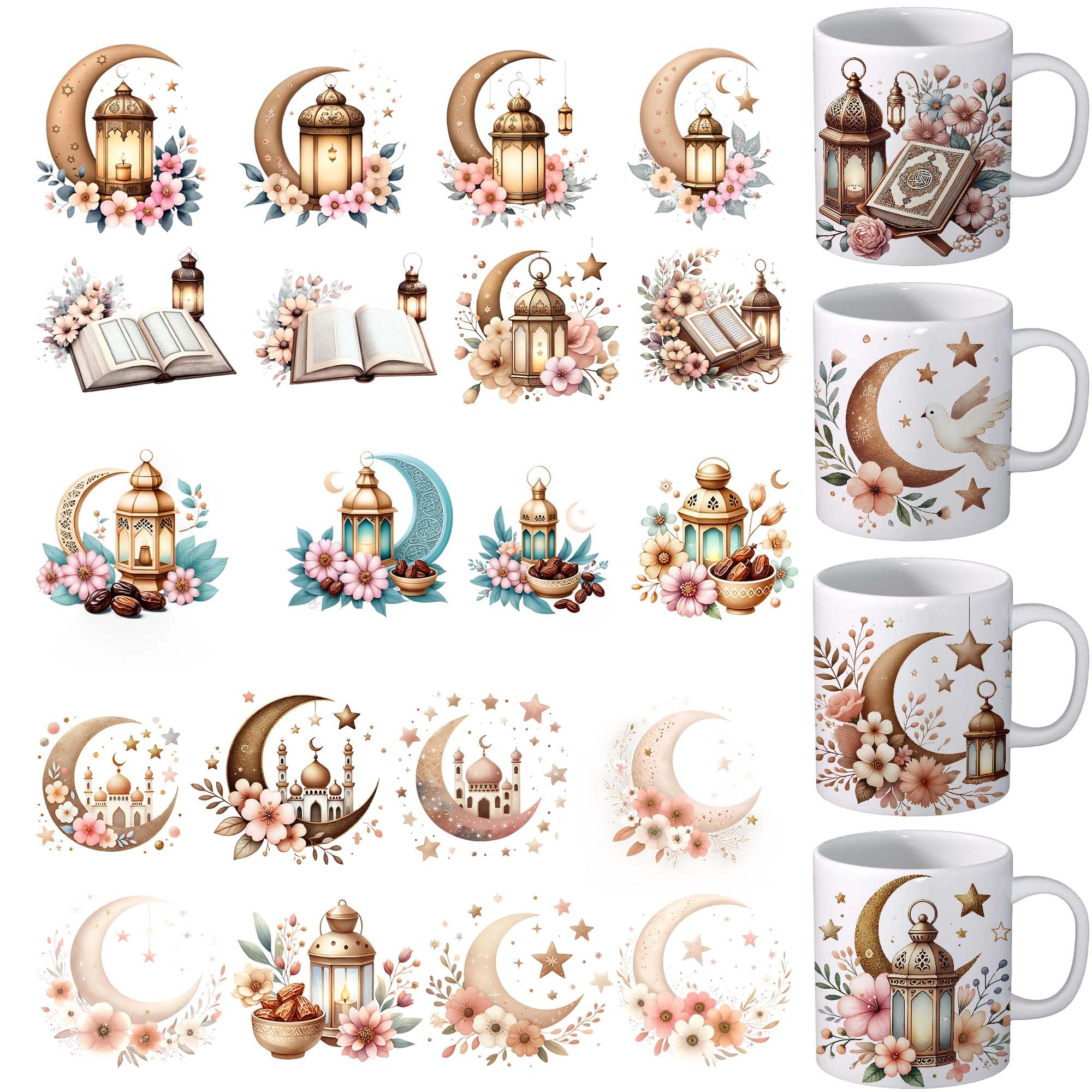 UV DTF Cup Wrap - 24 Sheets Spring Style UV DTF Cup Wraps for Mug Ramadan Uvdtf Decals Waterproof Rub warf Wild Flower Iron On Transfer for Glass Cups Wood Crafts (Ramadan)