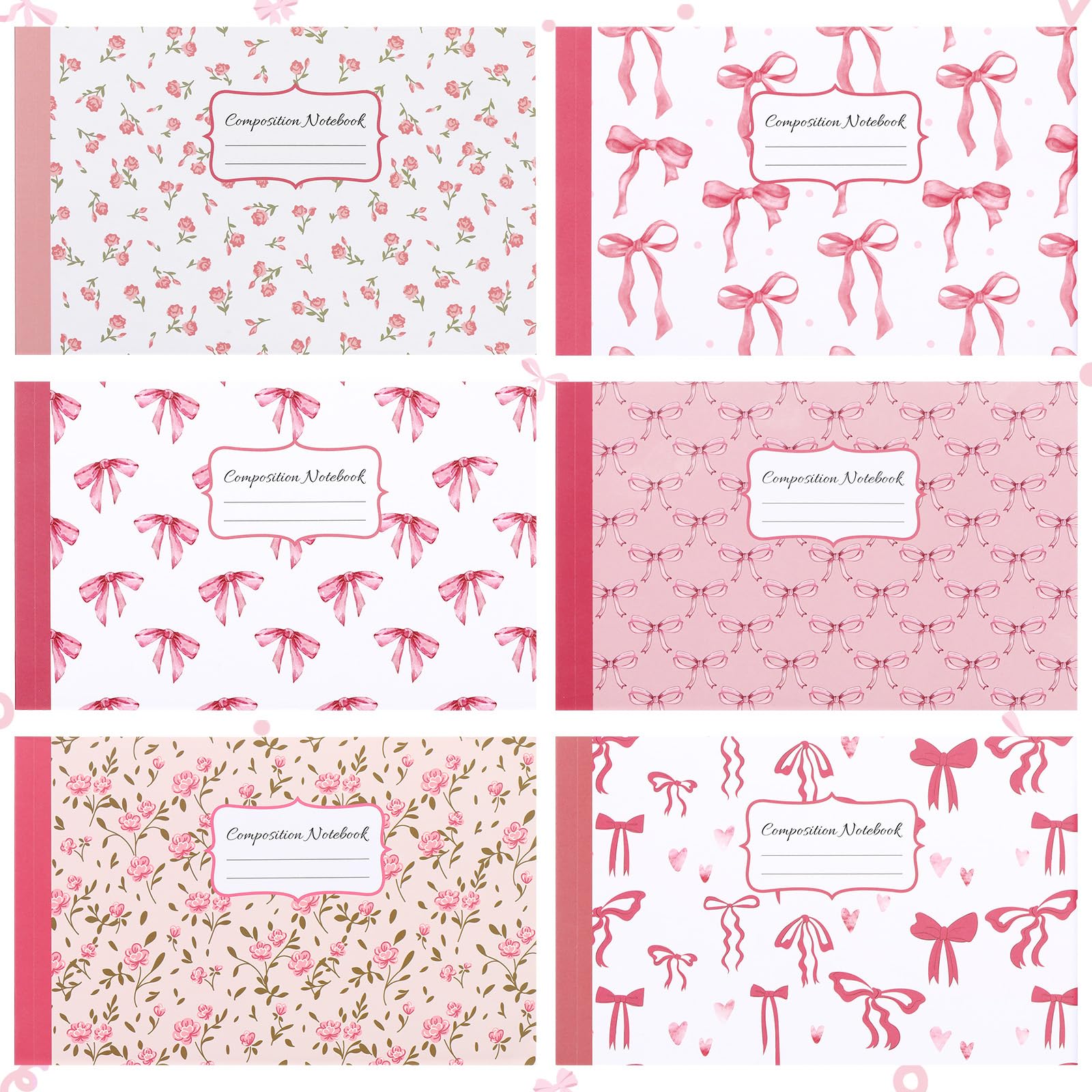 Fullhawl 6 Pcs Back to School Bow Composition Notebooks, Half Size Preppy Coquette Notebook College Ruled Journal, 110 Page, Cute Gift for Teacher,