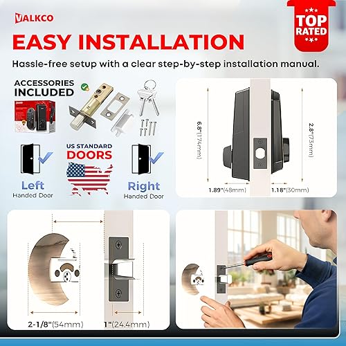 Miniatura 9 de VALKCO Cerradura de puerta inteligente V5O5BF, cerradura de puerta de entrada sin llave con teclado y control de aplicación Bluetooth, cerrojo de