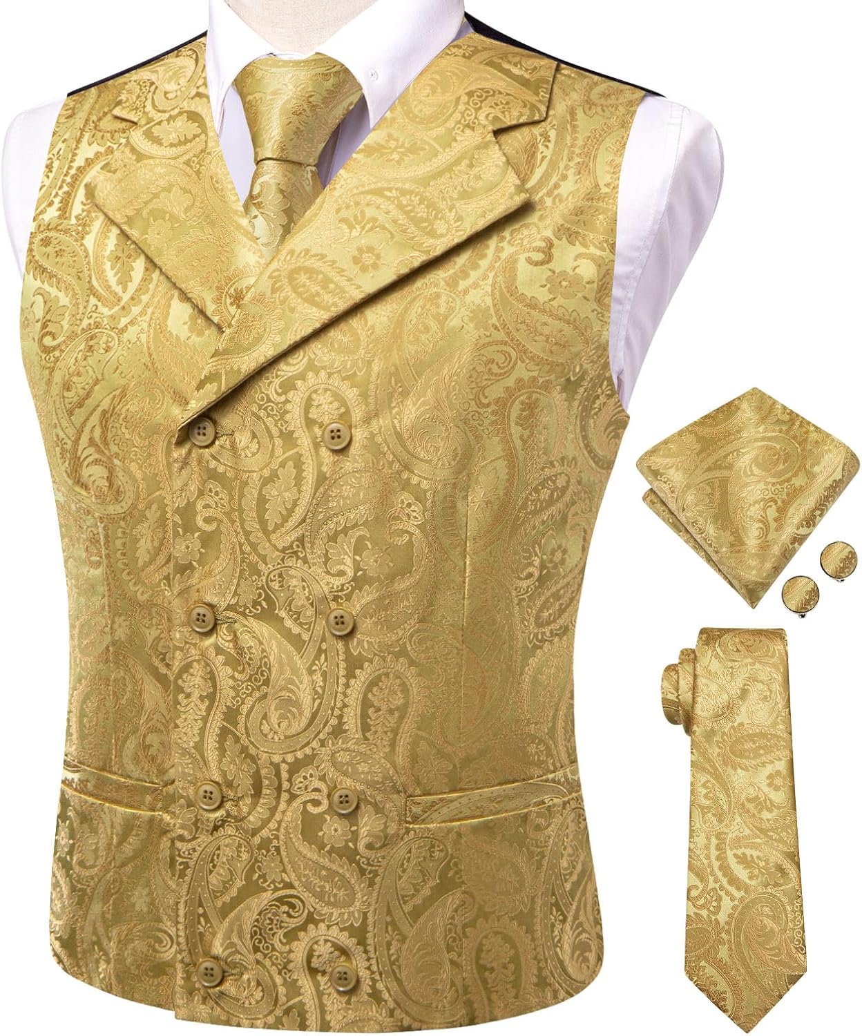 Hi-Tie Mens Silk Paisley Victorian Suit Vests Tie Set Lapel Pin Gold Tie Clip Double Breasted Steampunk Tuxedo Waistcoat