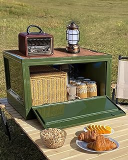 Froppi 45L Plastic Storage Box with Lid | Large Camping Storage Box | Collapsible Car Boot Organiser | Wooden Board Lid | Green L50.5 W36 H29 cm