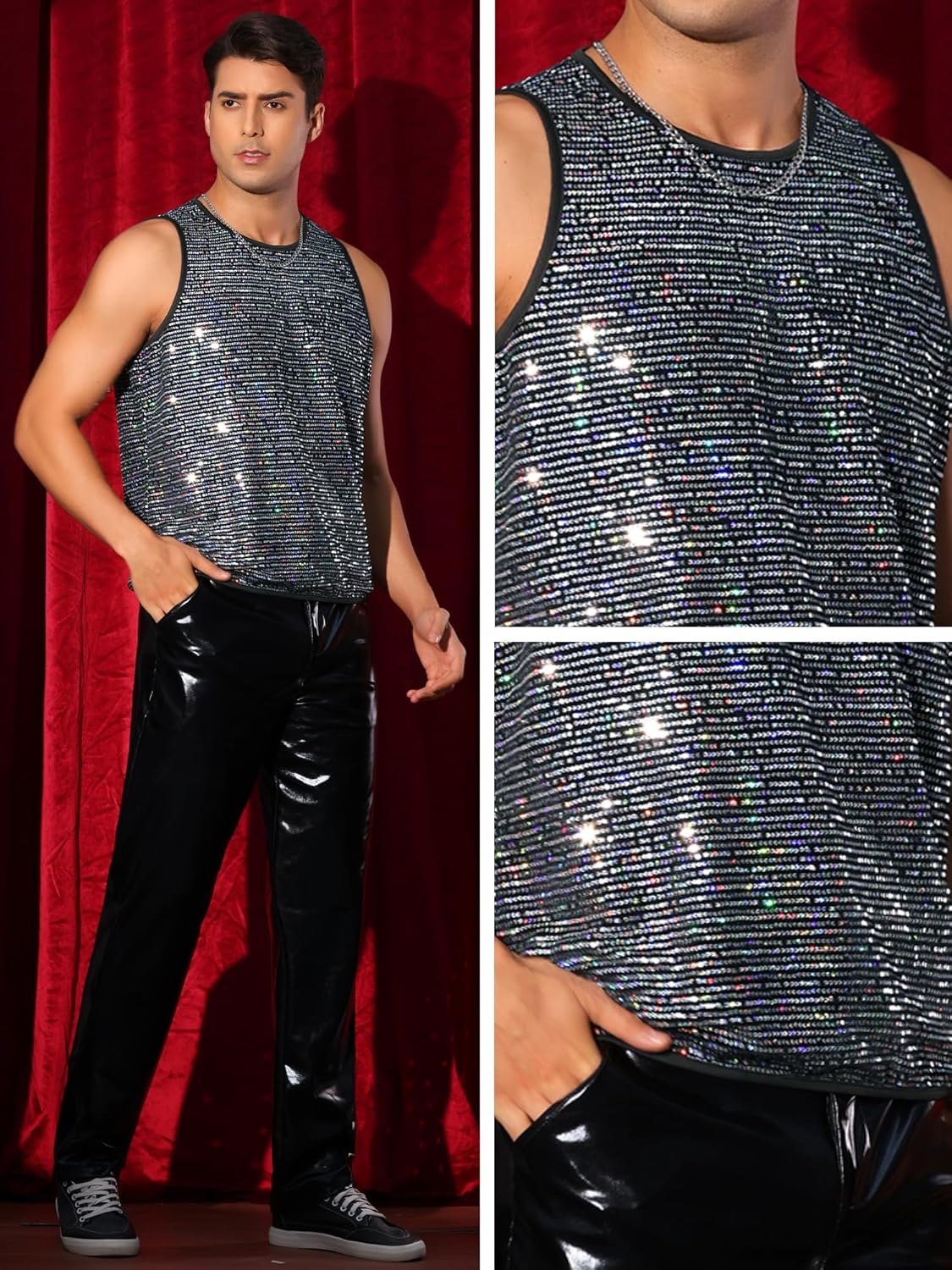 Lars Amadeus Sequins Tank Top for Men's Crew Neck Sleeveless Party Club Sparkly Metallic Vests - Image 5