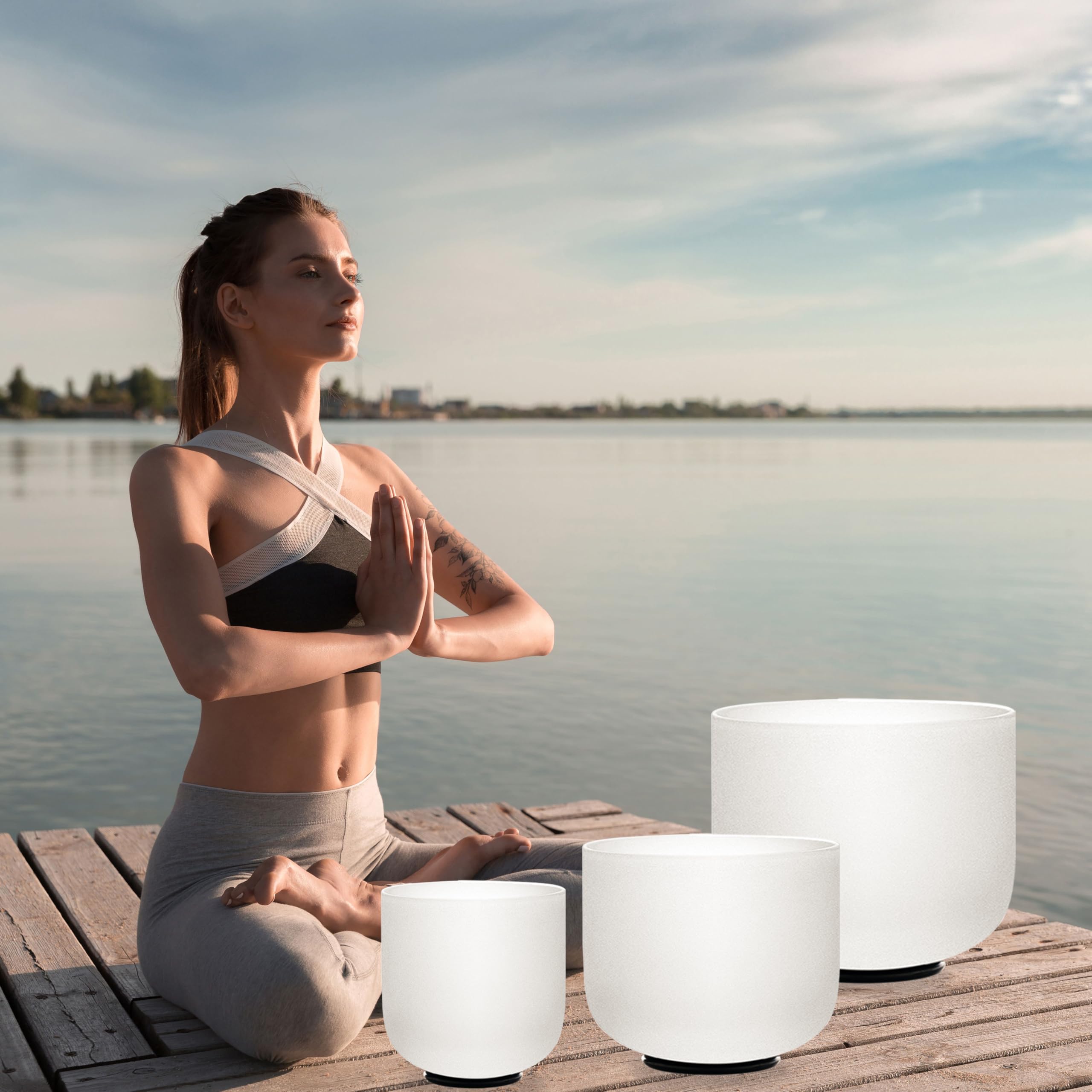 KVKA Kristall-Klangschalen, 8"A+10"F+12"C 432Hz Weiß Chakra Sound Healing Klangschalen für Yoga, Energieheilung & Tiefenentspannung mit Tragetasche