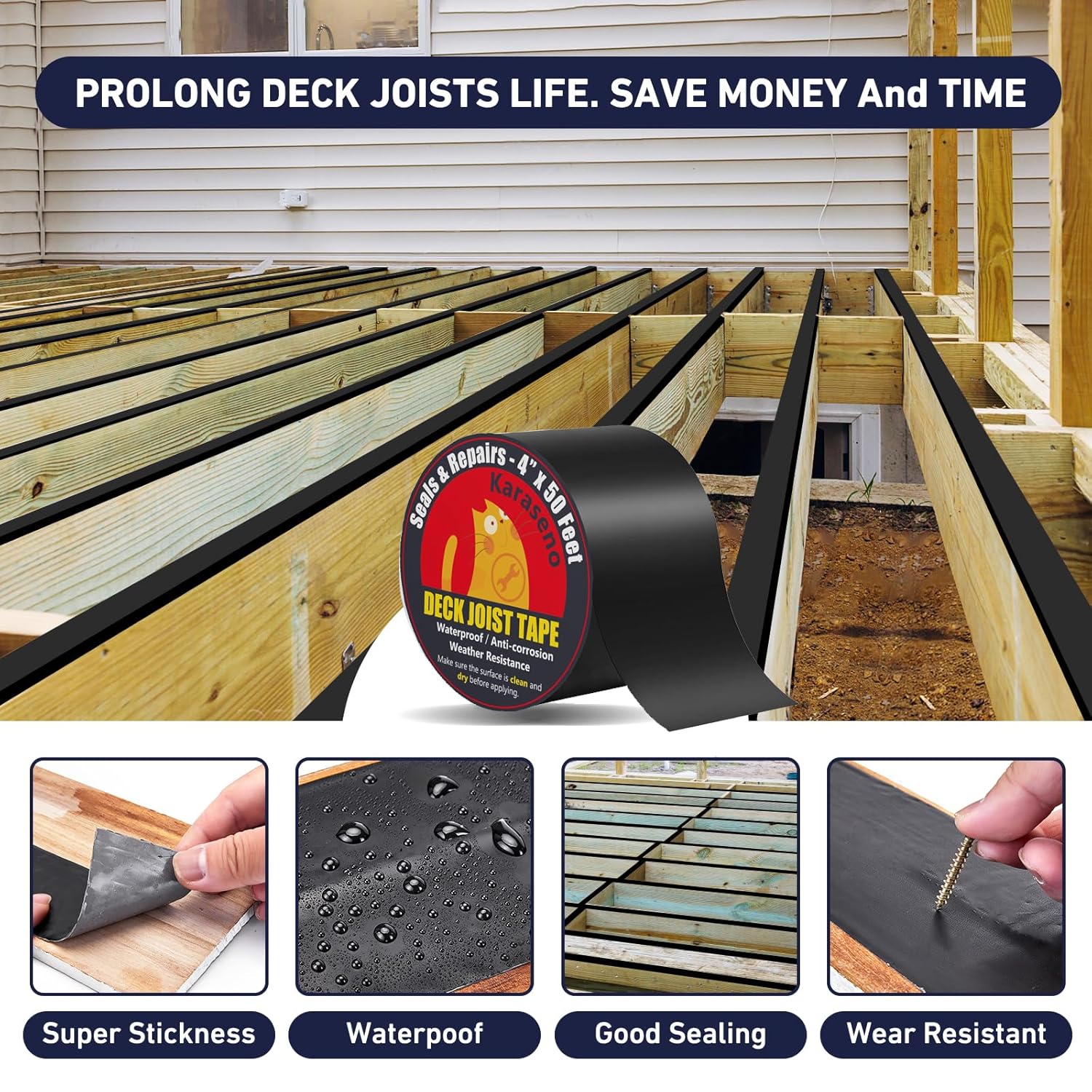 Butyl Deck Joist Tape for Decking: Butyl Sealant Tape Self Adhesive Waterproof Weather Resistance Anti-Corrosion for Wood Joists Beams Roof (4 Inch x 50 Feet | 2 Rolls)