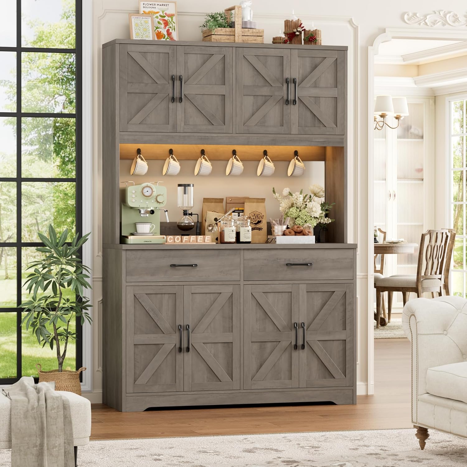HIFIT 71" Tall Kitchen Pantry Cabinet with LED Lights and Charging Station, Farmhouse Pantry Storage Cabinet with Large Countertop, 47.2" W Kitchen Hutch Coffee Bar with 6 Hooks and Barn Doors, Grey