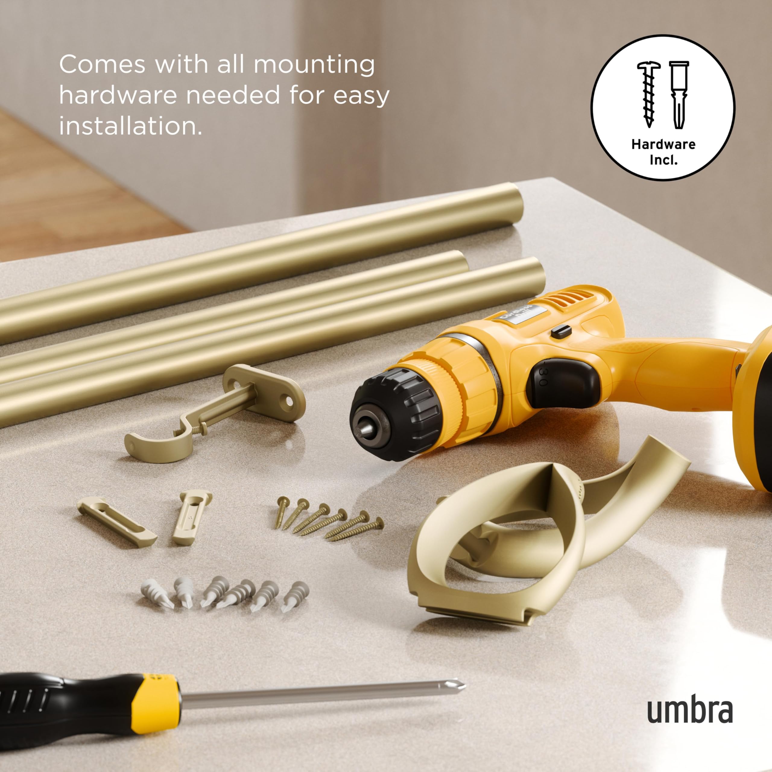Umbra Loop Ausziehbare Vorhangstange mit D25mm, Verstellbare Länge 107-305 cm, Set inkl. Endstücke und Befestigungsmaterial, Gold