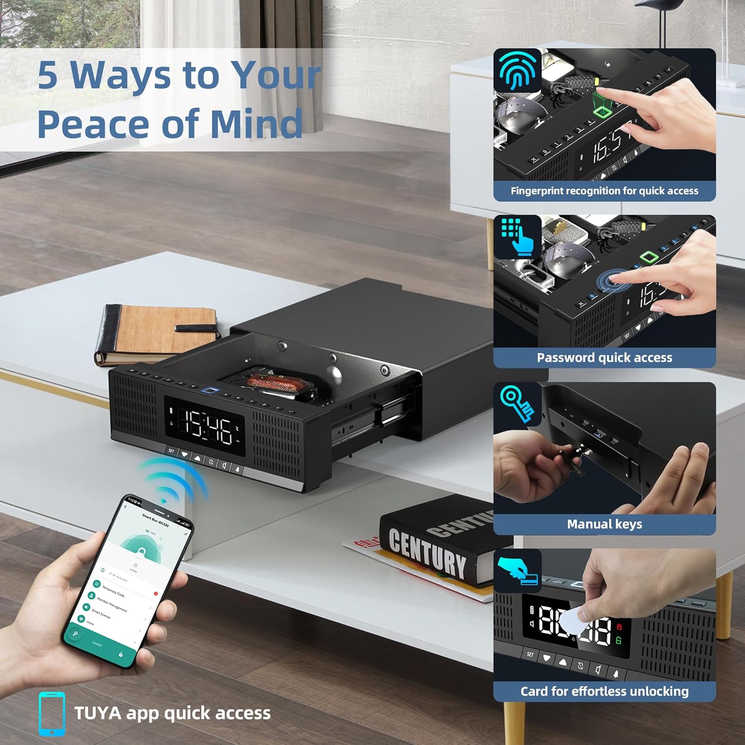 Smart Security Box, Biometric Fingerprint Safe for Handgun & Valuables, Portable Lock Box with Bluetooth, Anti-Theft Steel Cable, USB Charging, Digital Keypad, Hidden Audio Design