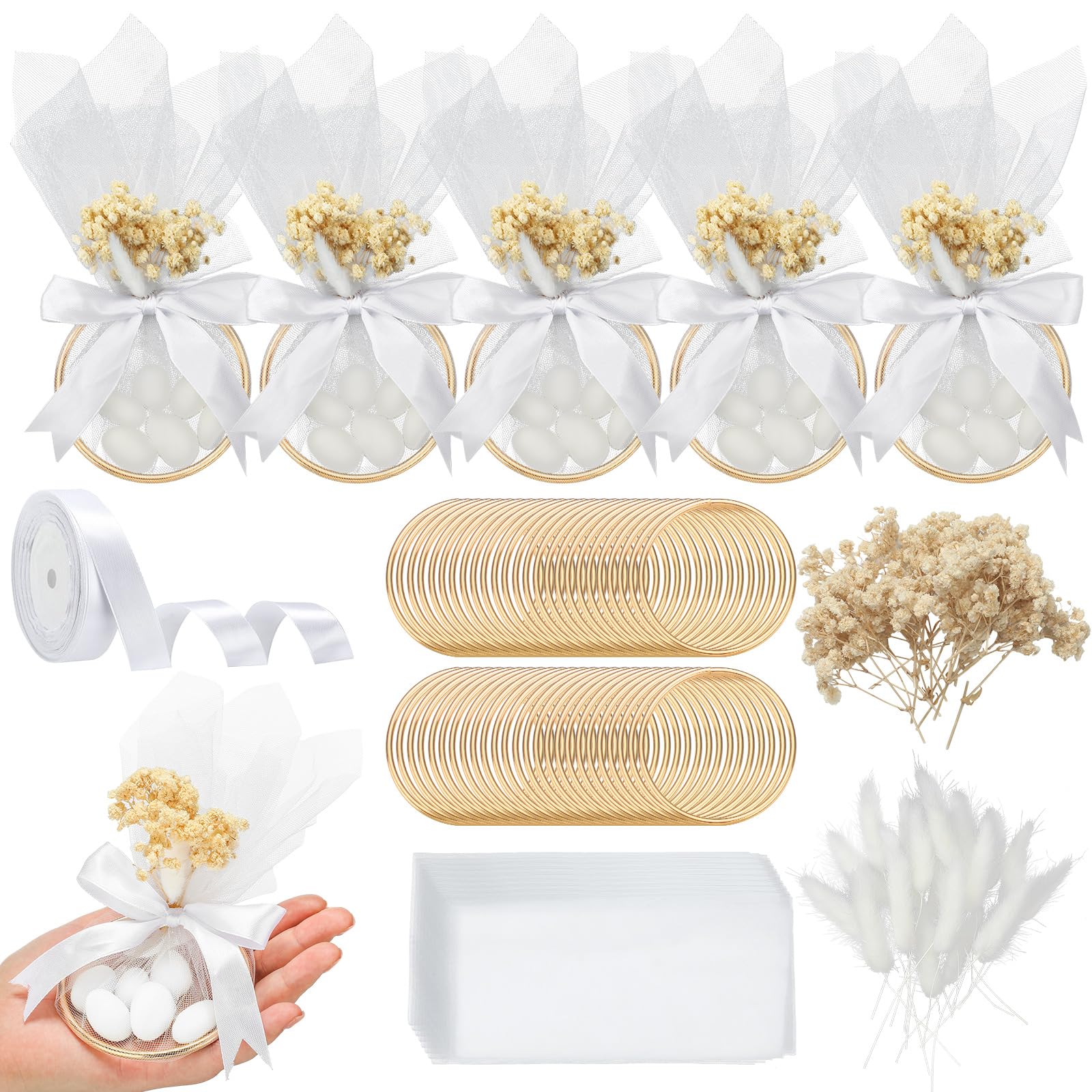 Misdary 103-teiliges Set mit 50 Hochzeits-Mandel-Süßigkeiten-Gastgeschenken für Gäste, inklusive Ring und Tüllbeutel, DIY-Mandel-Souvenirs für Verlobung, Brautparty, italienische Hochzeit