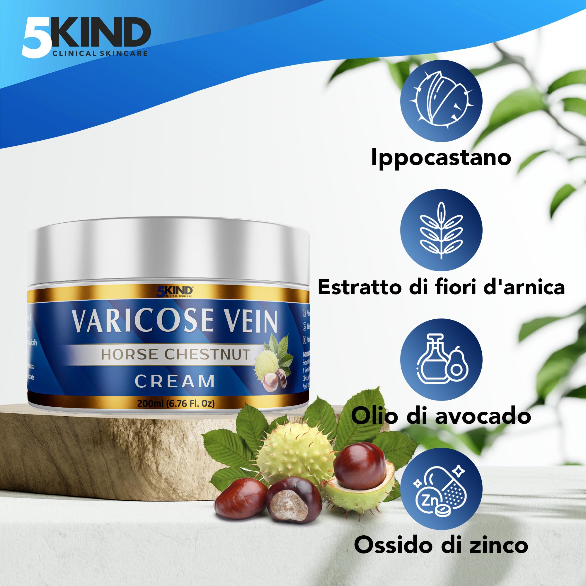 5Kind Crema vene varicose professionale - L'imballaggio può variare- Vene varicose trattamento circolazione gambe - Crema per gambe gonfie e pesanti - Oltre 7 principi attivi naturali
