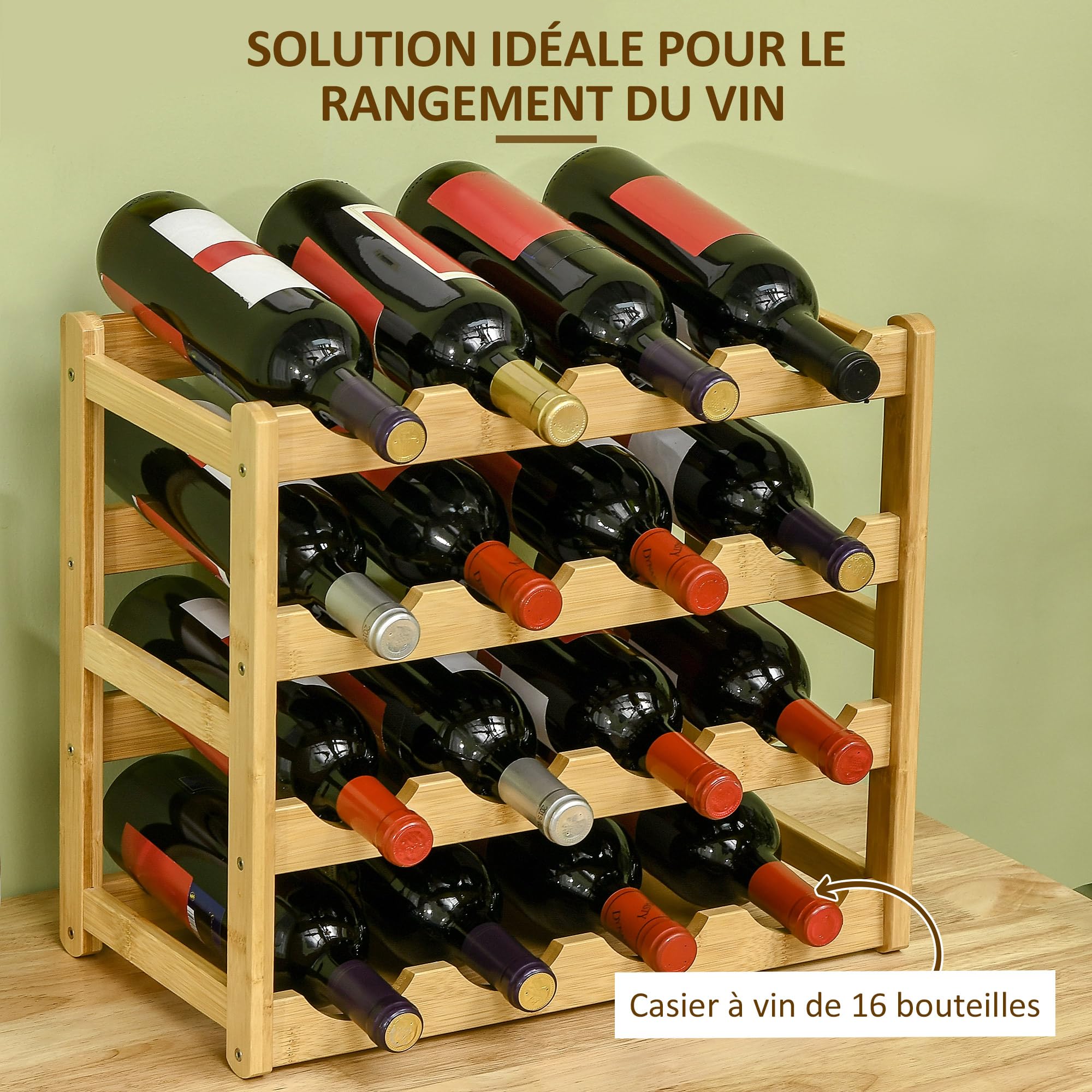 HOMCOM Étagère à Bouteilles de vin pour 16 Bouteilles Porte Bouteilles Casier à vin en Bambou - 43 x 23,5 x 38 cm Bois Naturel
