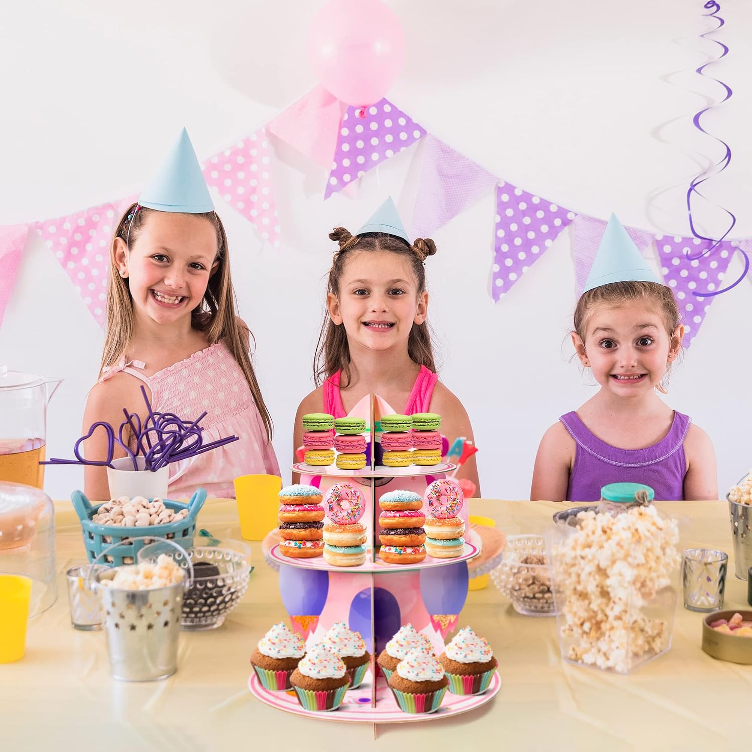ANGOLIO 3 Tier Watercolour Outer Space Cupcake Stand Outer Space Party Supplies Cake Stand for Kids Birthday Party Decorations Solar System Theme Dessert Tower Display Baby Shower Birthday Supplies