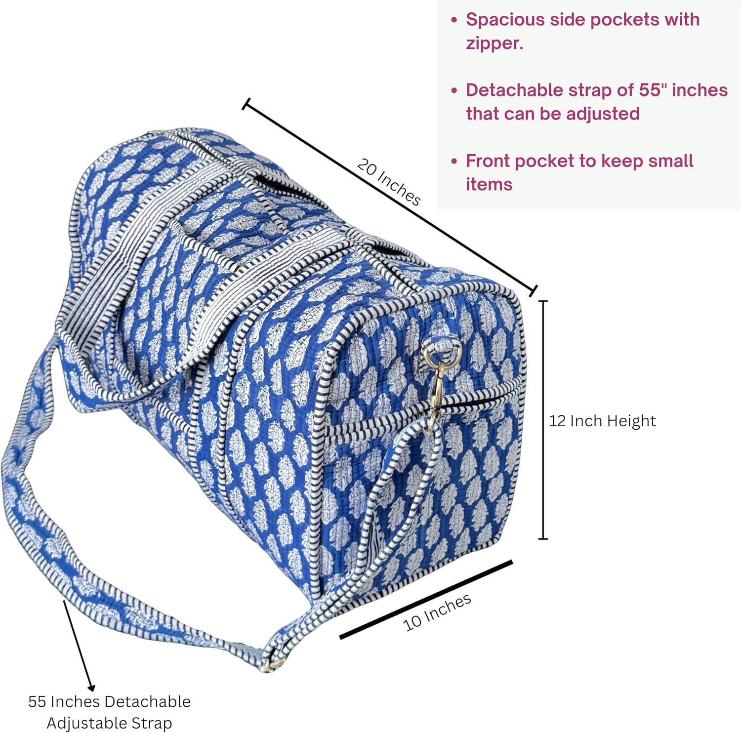 ATOSII Large Duffle Bag, Handblock Print 100% Quilted Cotton for Overnight Trip, Travel Weekender, Luggage, 2 Pockets with Zipper, 1 Front Pocket, Detachable Long Strap, 20 X 10 X 12 Inches, Celeste
