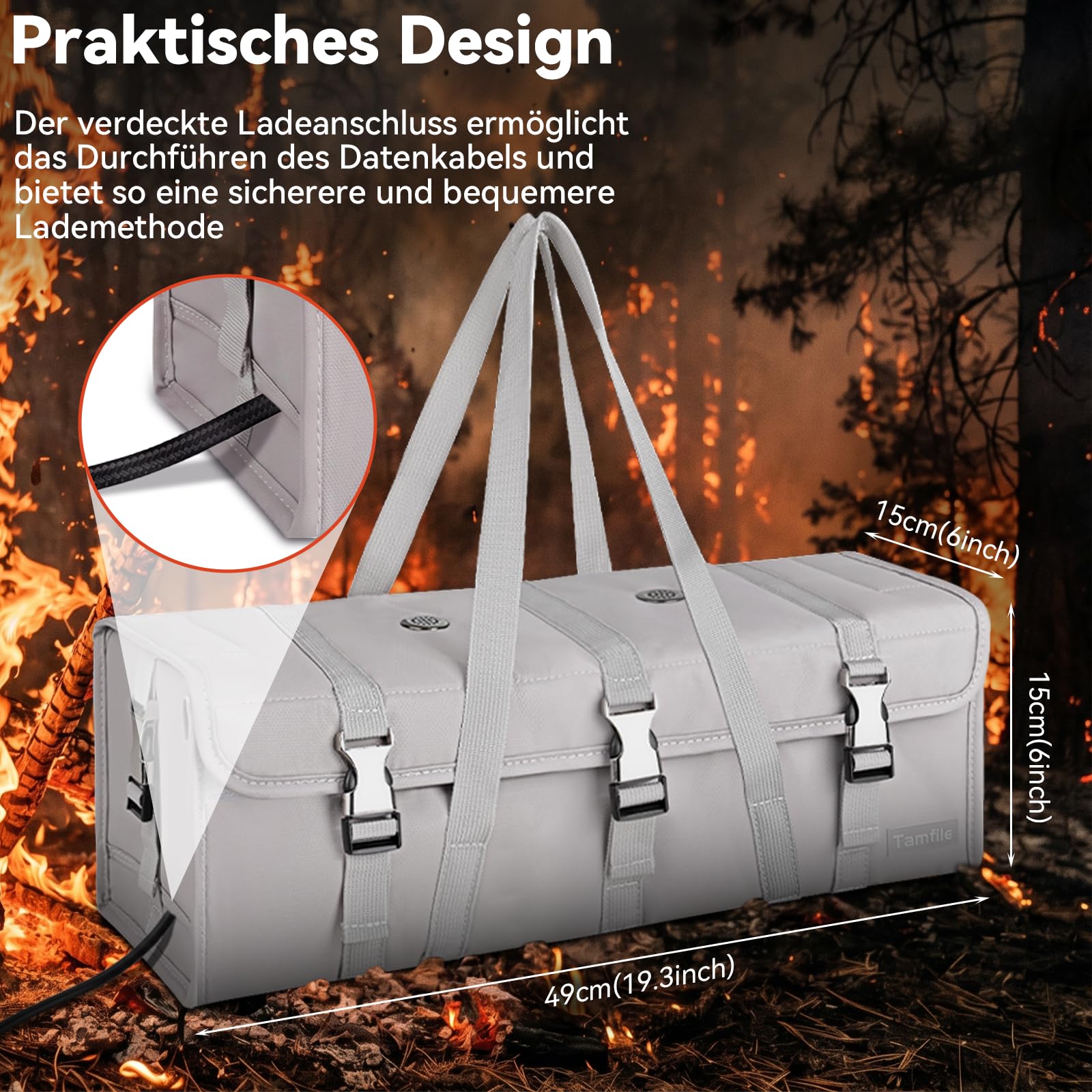 Tamfile E-Bike Akku-Tasche, Feuerfeste Explosionssicher Ebike Akkutasche, 49 x 15 x 15 cm Große Kapazität Aufbewahrungstasche für Fahrrad Akku Lipo-sichere Tasche für Lagern, Laden, Transportieren | Explosionsgeschützte Entlüftungsöffnungen