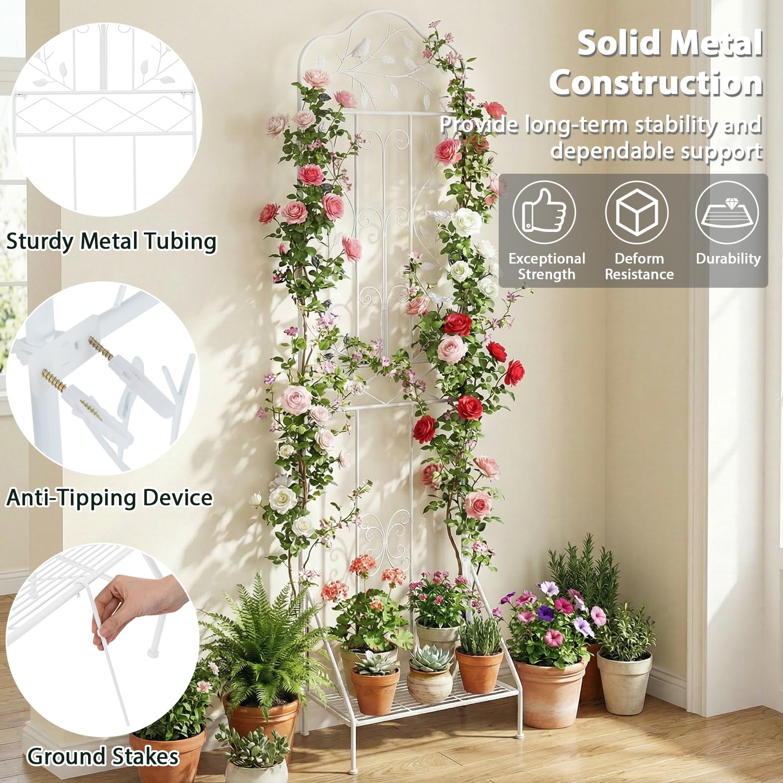 HOMASIS Enrejado para trepadoras con estante extraíble, panel de rejilla de exterior para valla de metal, enrejado decorativo para plantas trepadoras, 50 x 189,5 cm (1, blanco)