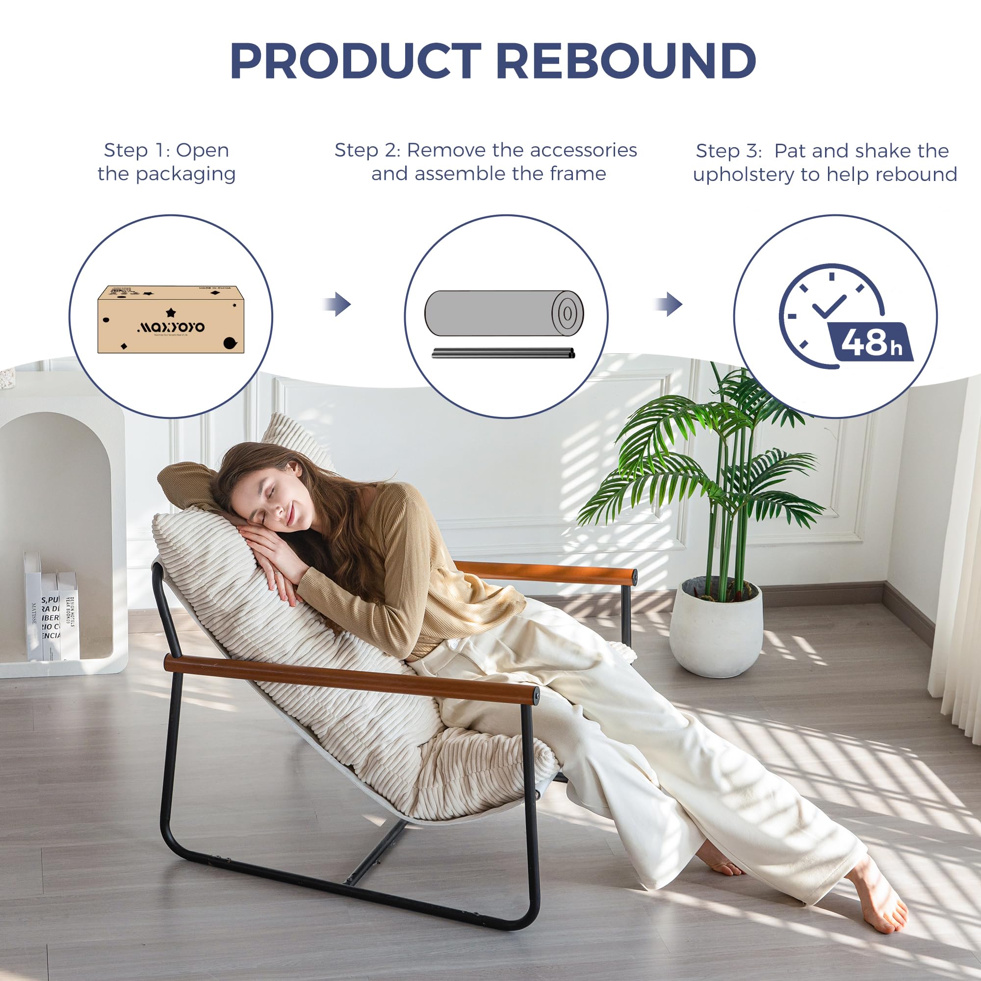 Silla decorativa moderna, cómoda silla de sala con reposabrazos de madera con marco de metal, sillón tapizado con cojín suave para dormitorio, balcón, sala de lectura, color beige 6