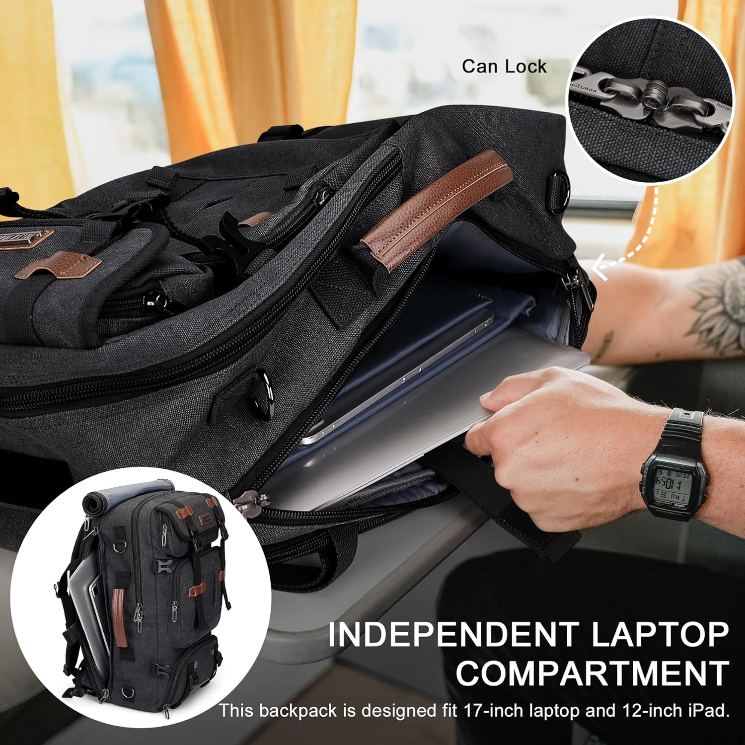 WITZMAN Travel Backpack for Men 40L Large Carry-on Airline Approved Convertible 3 in 1 laptop Bags Fit 17 inch(A8013 Black) - Image 4