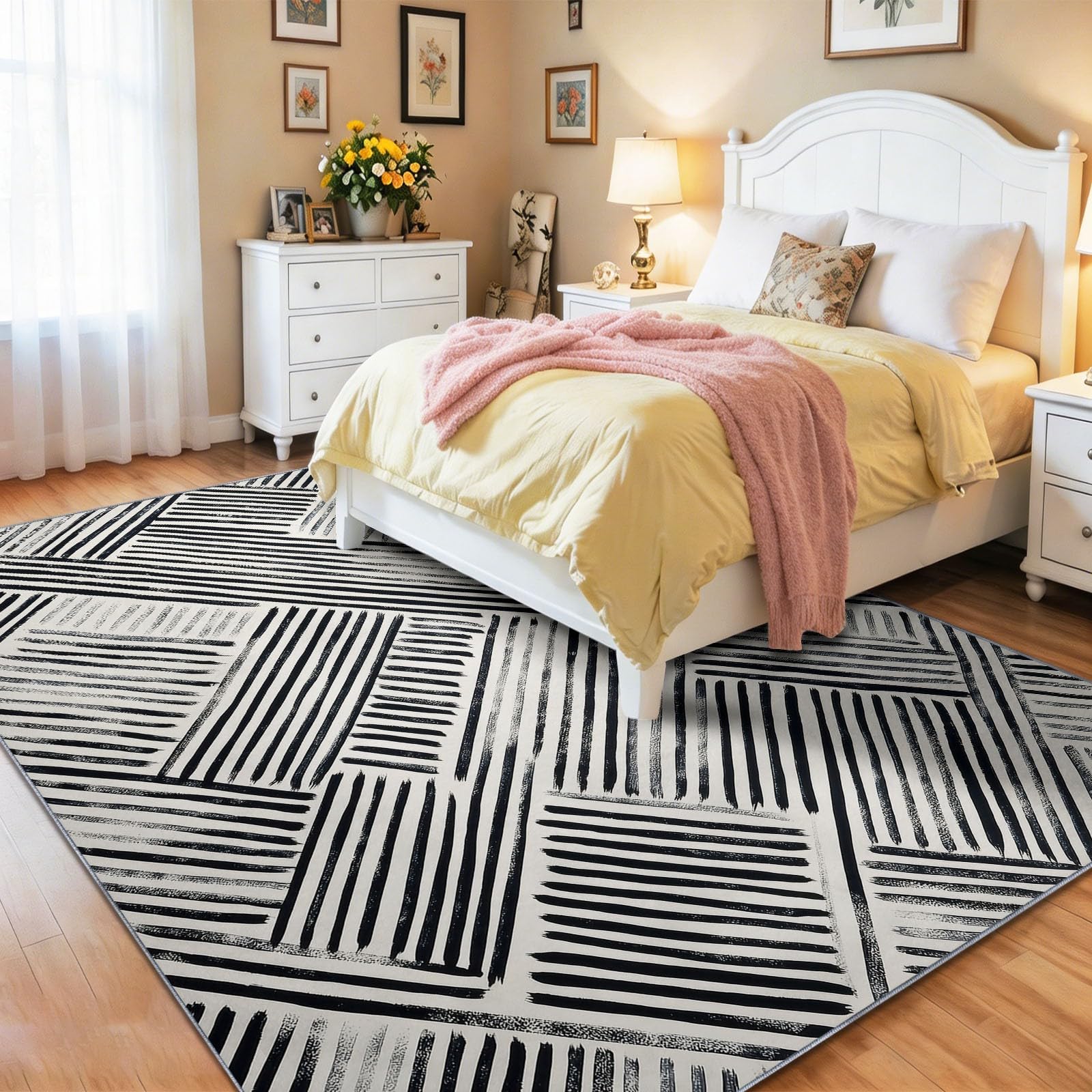 Geometrisch Diagonale Linien Horizontale Linien Teppich, Minimalistisch Modern Teppich, waschbar, 160 x 230 cm - für Wohnzimmer Schlafzimmer weich Büro Esszimmerteppich rutschfest, Schwarzweiß