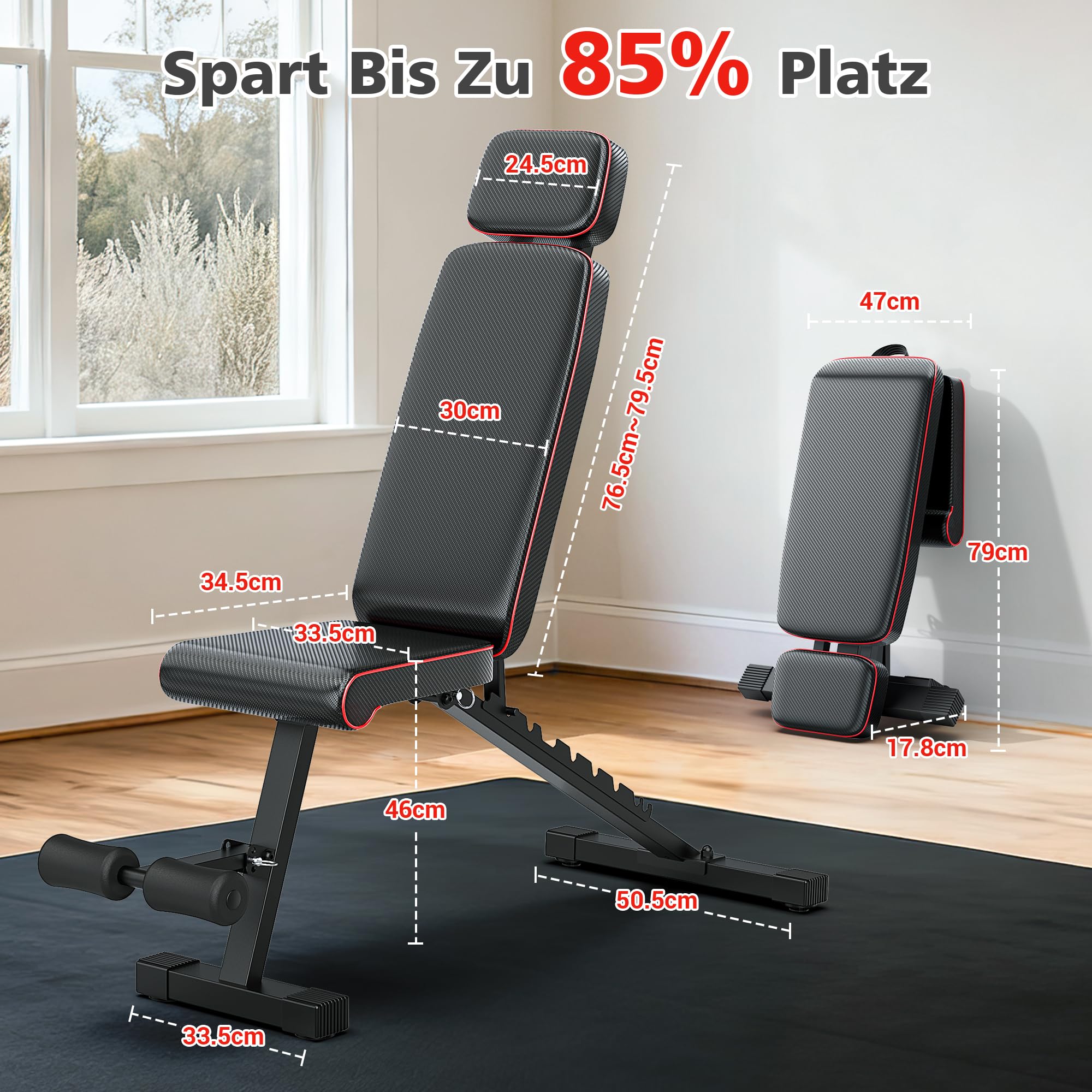 XDDIAS Hantelbank, 10-fach verstellbare Trainingsbank mit verlängerte Kopfstütze, klappbare bis 360 kg, Schräg-, Flach- & Negativbank für Heimfitness, kompakte Fitnessbank für kleines Zuhause
