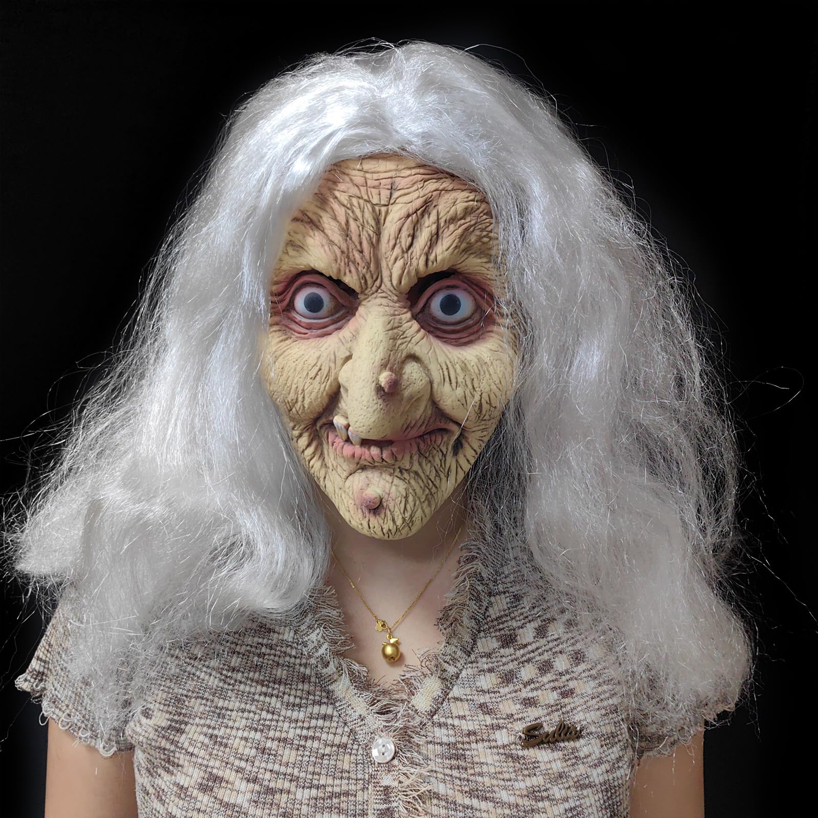 ZDOVLZZPON Halloween Witch Mask with White Hair, Latex Costume Accessory, Creepy Old Character Design