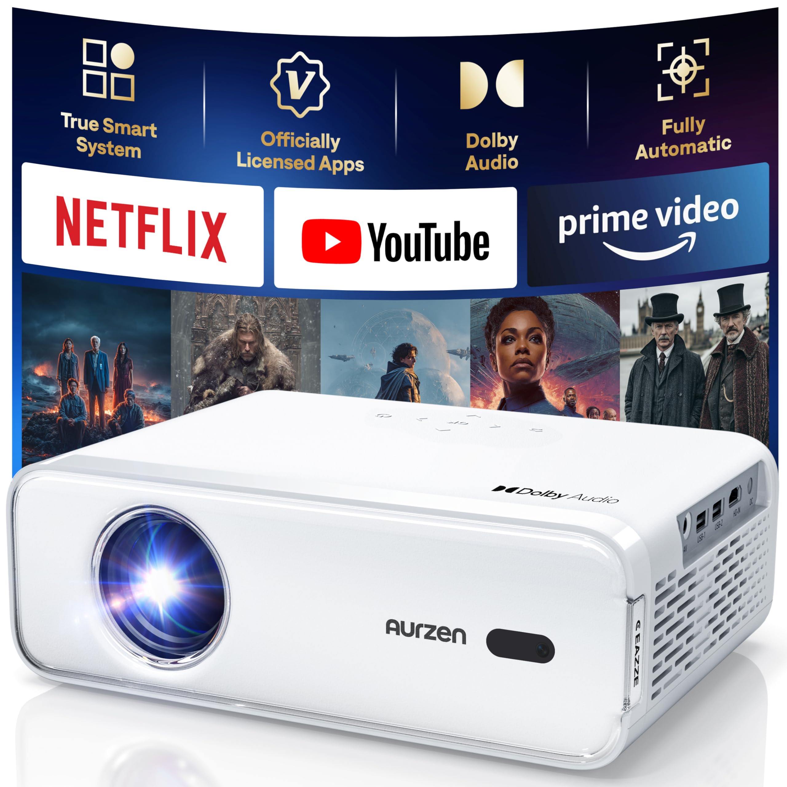 Aurzen EAZZE D1 Smart Projector with WiFi and Bluetooth, Netflix-Officially-Licensed, Auto Focus & Keystone, DoIby Audio, Native 1080P Movie, Portable Outdoor Mini Projector, White
