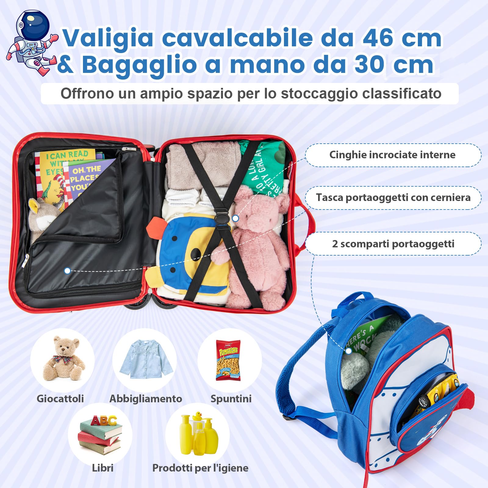 COSTWAY Valigia Cavalcabile per Bambini, 18" Valigia+ 12" Zaino,2 Pezzi, Trolley Bambini Bagaglio a Mano con Ruote Girevoli e Maniglia Retrattile, 2 Cingie Multiuso (Modello 4)