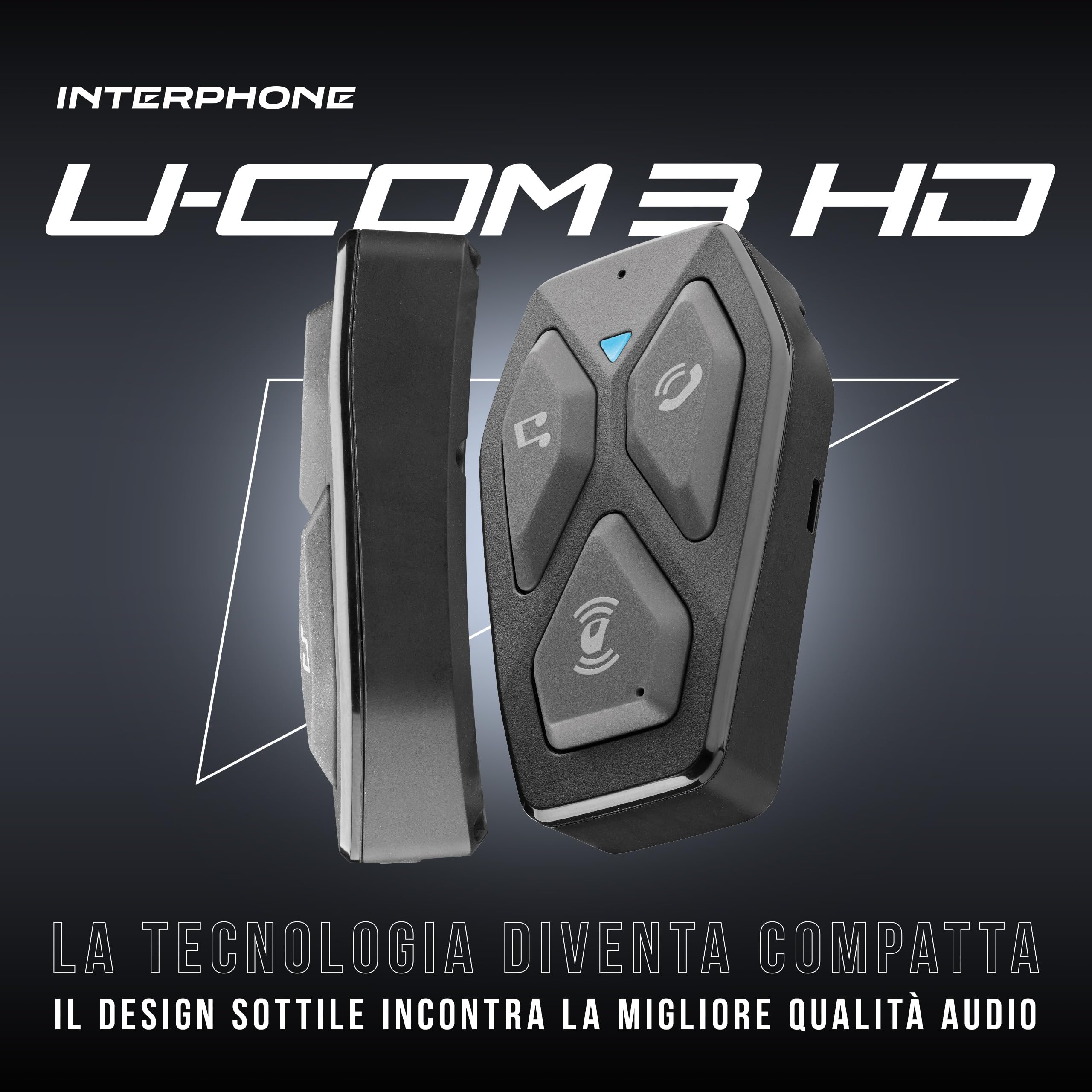 INTERPHONE U-COM 3HD Singolo, Interfono moto di gruppo per 4 utenti fino a 500mt, Interfono casco Bluetooth 5.1 con auricolari HD 40mm per musica, chiamate e GPS, Autonomia 10h e impermeabile IP67