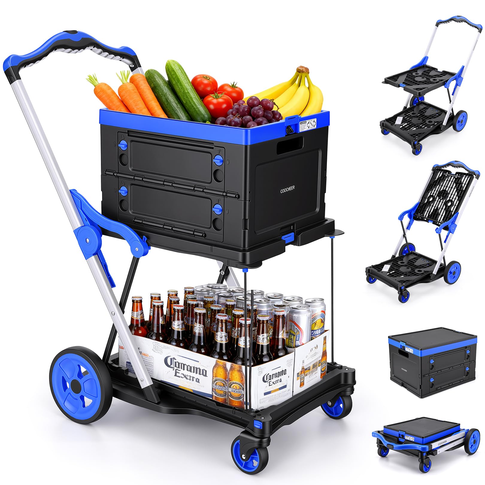 COOCHEER Carrello Trasporto Pieghevole - 90kg Carico Max, Trolley 2 Livelli con Cesto Removibile, Sistema One-Click 3s, Altezza Regolabile - Spesa, Casa, Magazzino & Viaggio