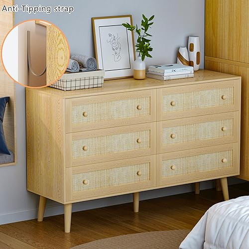Miniatura 7 de Cómoda de ratán para dormitorio, cómoda moderna de 6 cajones y cómoda, cómoda bohemia natural con asas, organizador de almacenamiento de madera,