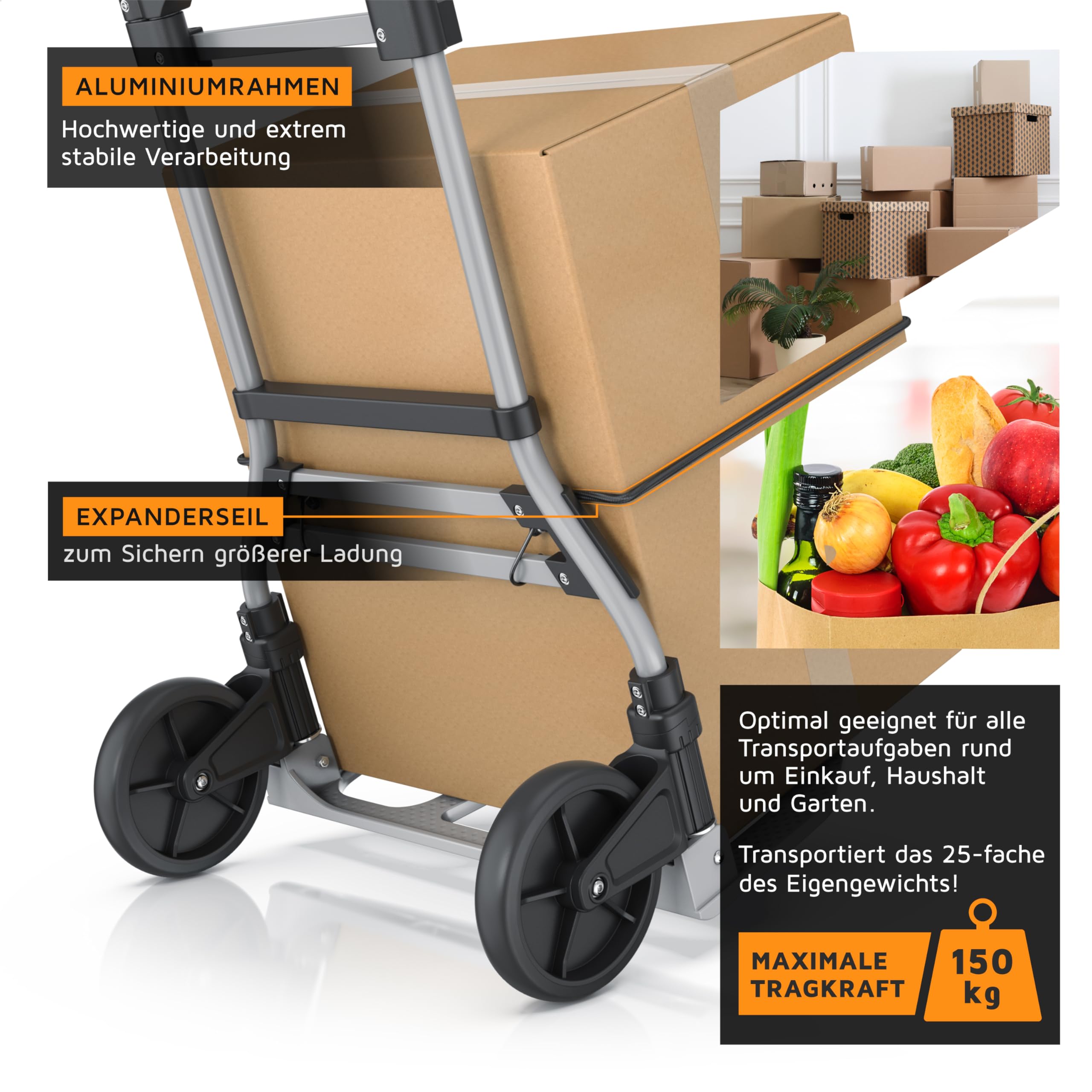 Brandson – Sackkarre klappbar – 150 kg Last – Transportkarre - Vollgummireifen –- inkl. Expanderseil – Aluminium – gummierter Griff – arretierbar auf 115 cm