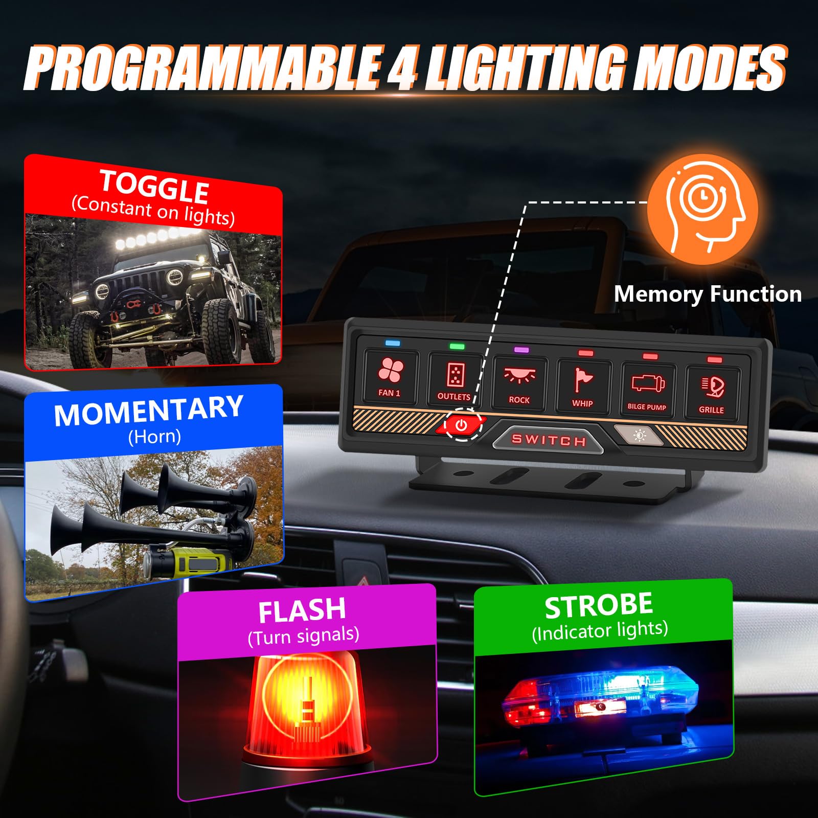 Chelhead Pannello di commutazione 6 gang RGB Bluetooth con app e telecomando, portata fino a 70 m, multifunzione, 4 modalità di illuminazione, compatibile con veicoli 12-24V, camion, fuoristrada