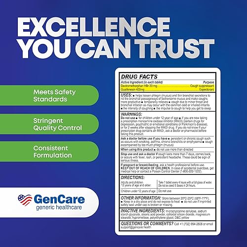 Miniatura 6 de GenCare - Alivio de moco DM (botella de valor de 150 unidades) Dextrometorfano HBr 20 mg Guaifenesina 400 mg | Alivio genérico de moco DM | Píldora