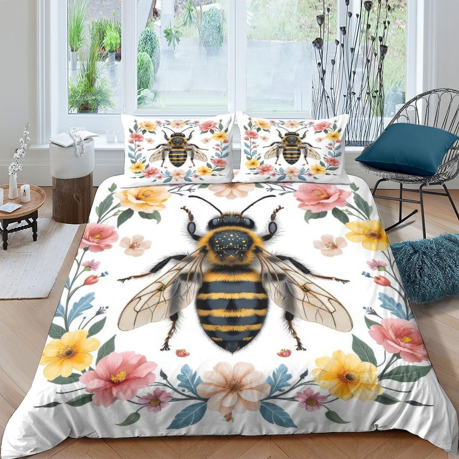 Ctjqhvkz Style-5 3D Printed Bee Flower Fitted Sheet Microfiber Soft Vibrant Floral Mattress Cover For Bedroom Guest Room Decor Single（135X200cm）
