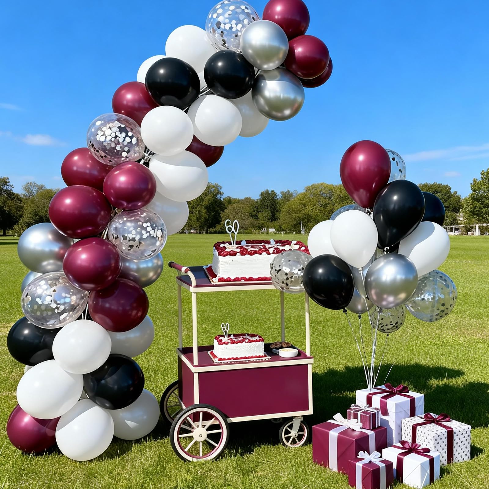 FunHot Kastanienbraune Luftballons, 50 Stück, Burgunderrot, Schwarz, 30,5 cm, Burgunderrot, Metallic-Silber, Konfetti-Latex-Luftballons für Geburtstag, Hochzeit, Babyparty, Brautparty, Abschlussfeier