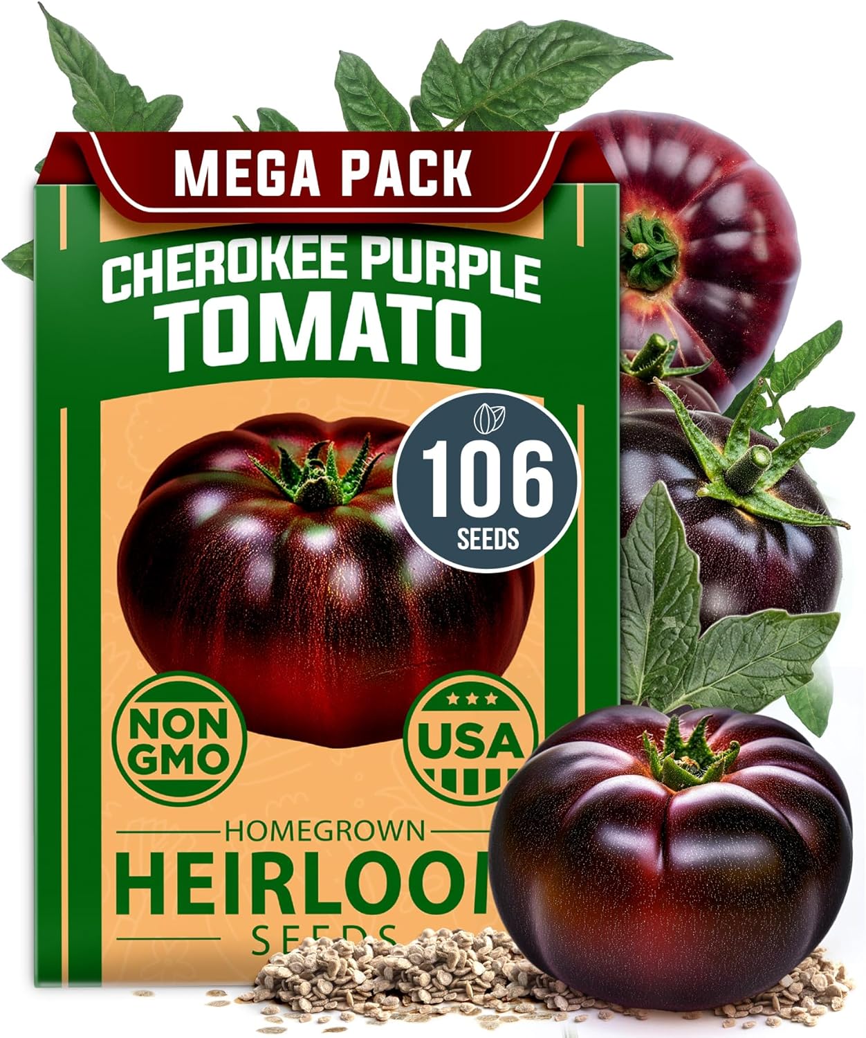 HOMEGROWN Non-GMO Cherokee Purple Heirloom Tomato Seeds - 106 Seeds, High Germination, Easy Planting for Flavorful Homegrown Tomatoes