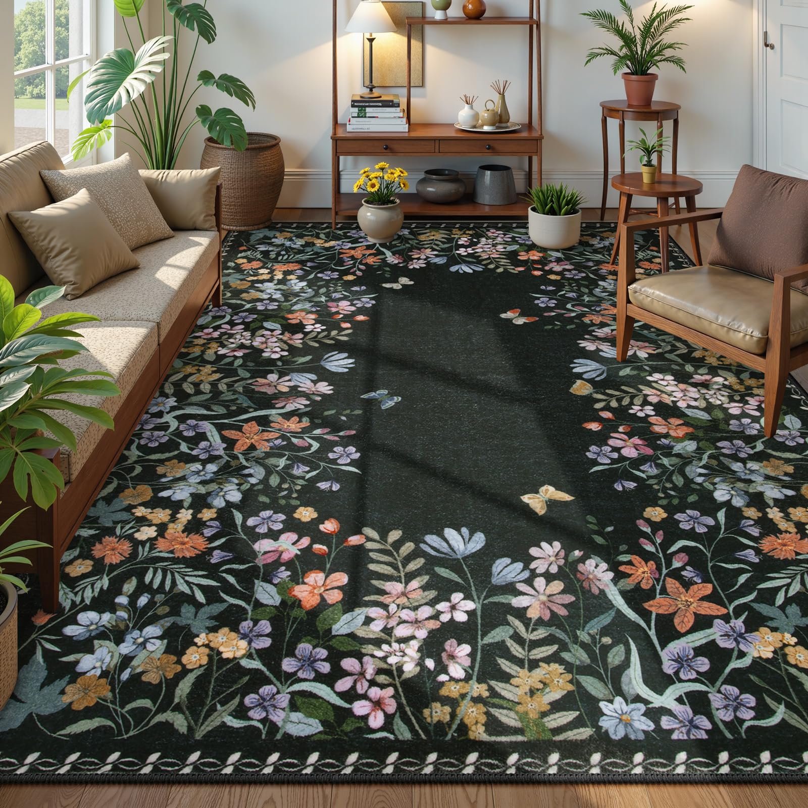 Lahome Boho Floral Black Washable 8x10 Area Rugs for Living Room, Non Slip Rugs for Bedroom, Indoor Throw Dining Room Carpet for Under Table Home