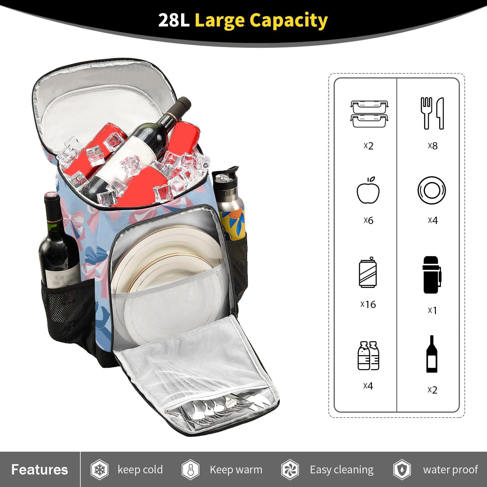 Pink Bow Blue Pattern Cooler Backpack Cooler Insulated Leak Proof Lunch Backpack 36 Cans Waterproof Soft for Men Women Picnic Hiking Camping Beach