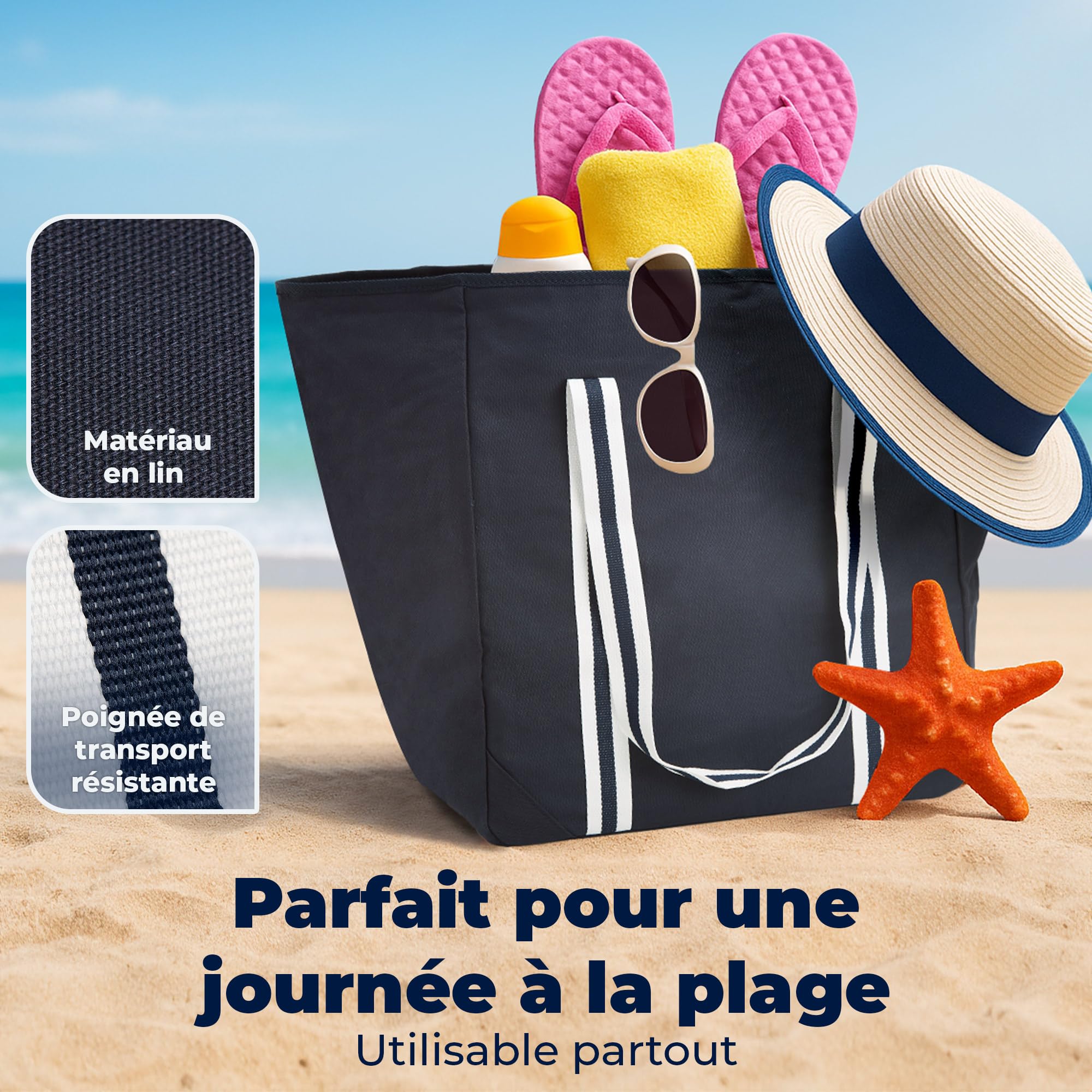 achilles Grand sac de plage XXL Famille avec fermeture éclair - Sac de bain XXL Famille 100 l - Pliable et résistant à la saleté - Piscine - Bleu - 75 x 32 x 46 cm