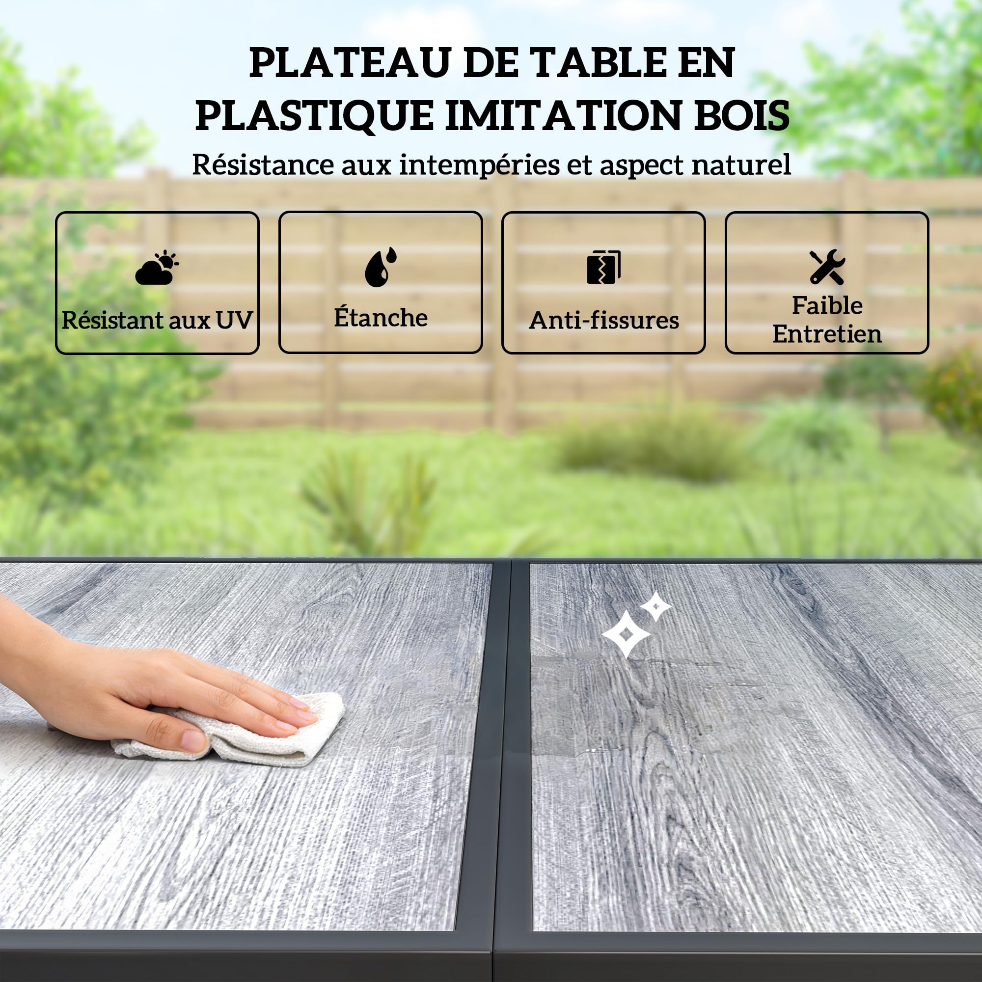 Outsunny Ensemble de Salle à Manger Extérieur 7 Pièces pour 6 Personnes, Table de Patio Effet Bois et Chaises avec Assise en Maille Respirante, Mobilier de Jardin avec Cadre en Acier Galvanisé, Noir