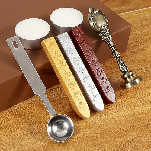 Miniatura 4 de Yoption Alphabet Initials Kit de sellos de cera, sello de sellado de letra A antiguo con mango de bronce galvanizado, kit de caja de regalo de palos