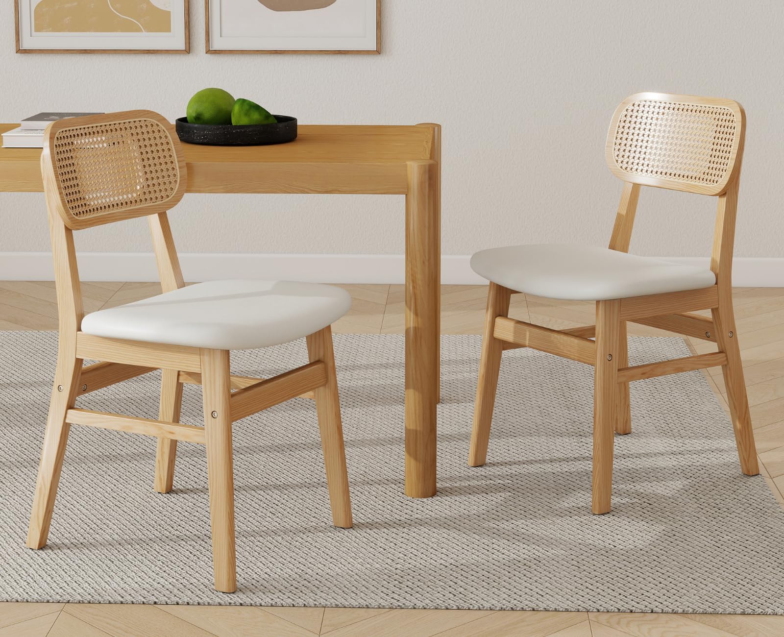 Shunzhi Rattan Farmhouse Dining Chairs Set of 2 White PU Leather Dining Room Chairs with Cane Back Mid Century Modern Kitchen Chairs Wooden