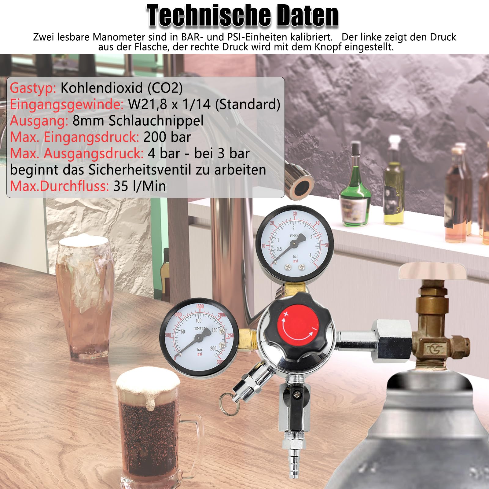 Druckminderer Co2,Druckminderer Gasflasche Co2 Bier,Adapter Keg Sicherheitstank Druck Co2 Regler Bier Soda Keg Druckentlastungsventil Home Brew Bier Gasleitung W21.8