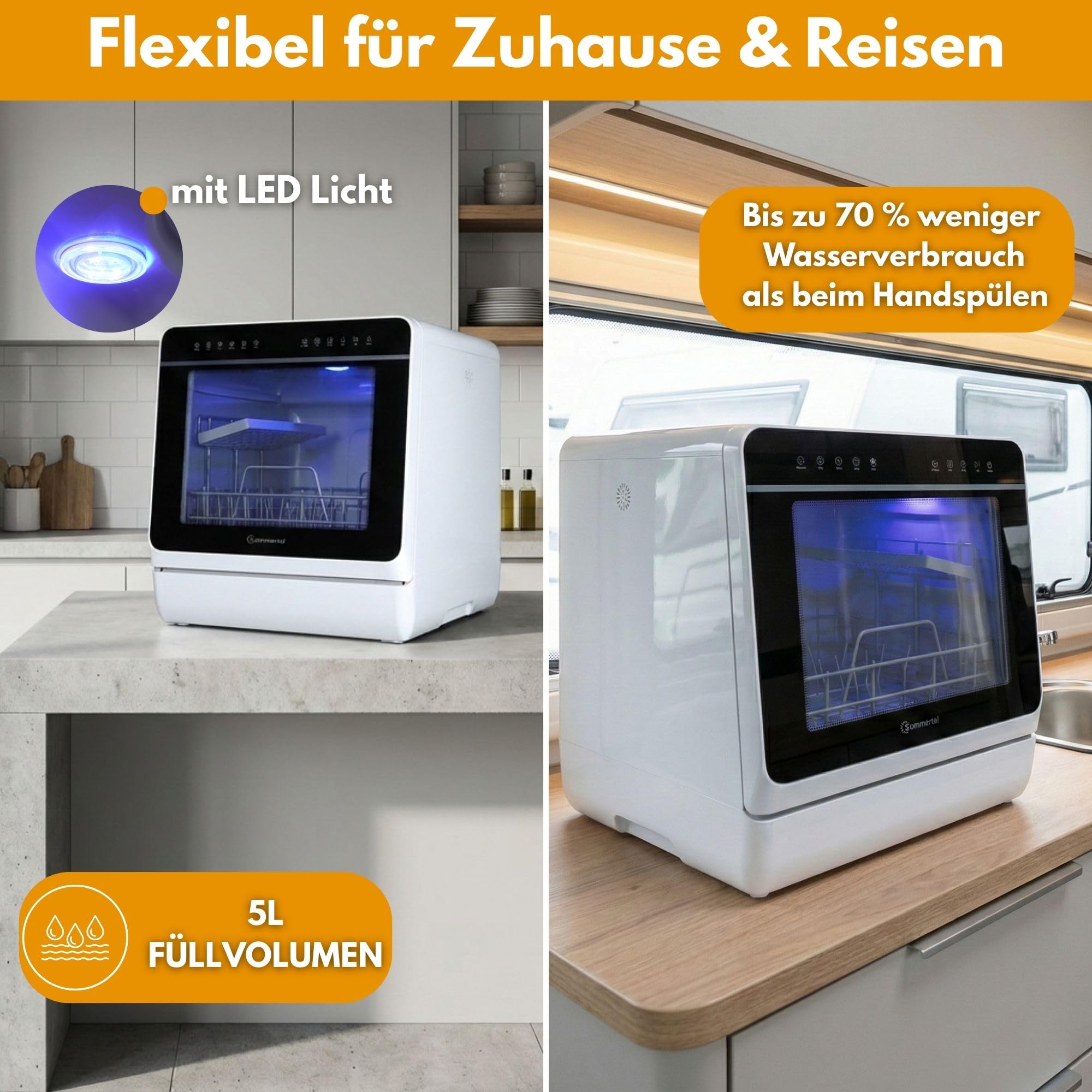 Sommertal SP9 Mini Geschirrspüler Tischgeschirrspüler 28cm Teller 10+1 Funktionen freistehend LED Touch 5L Wassertank Festanschluss