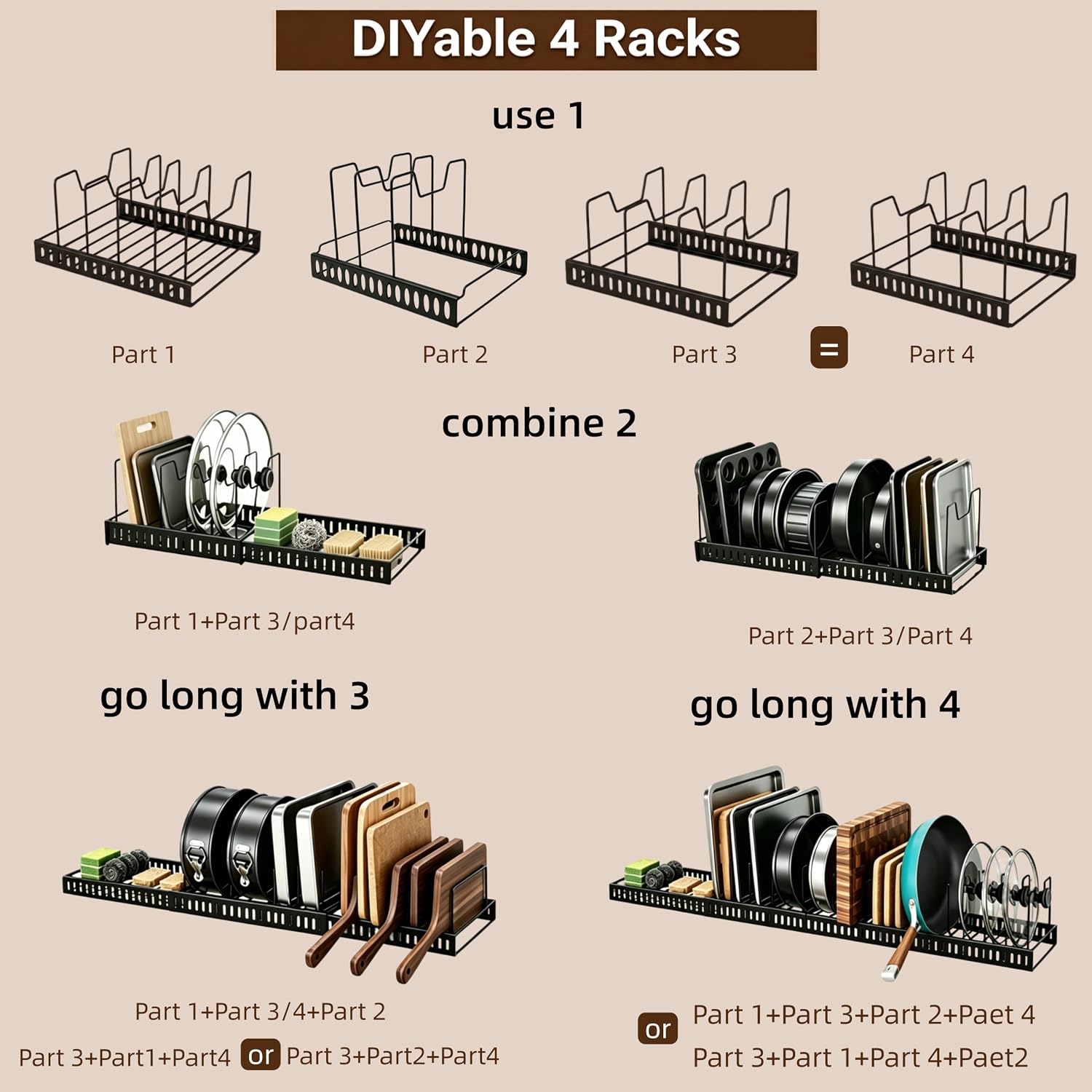 Bakeware & Cutting Board Organizer, 4 Pack Pan Lid Rack for Cabinet