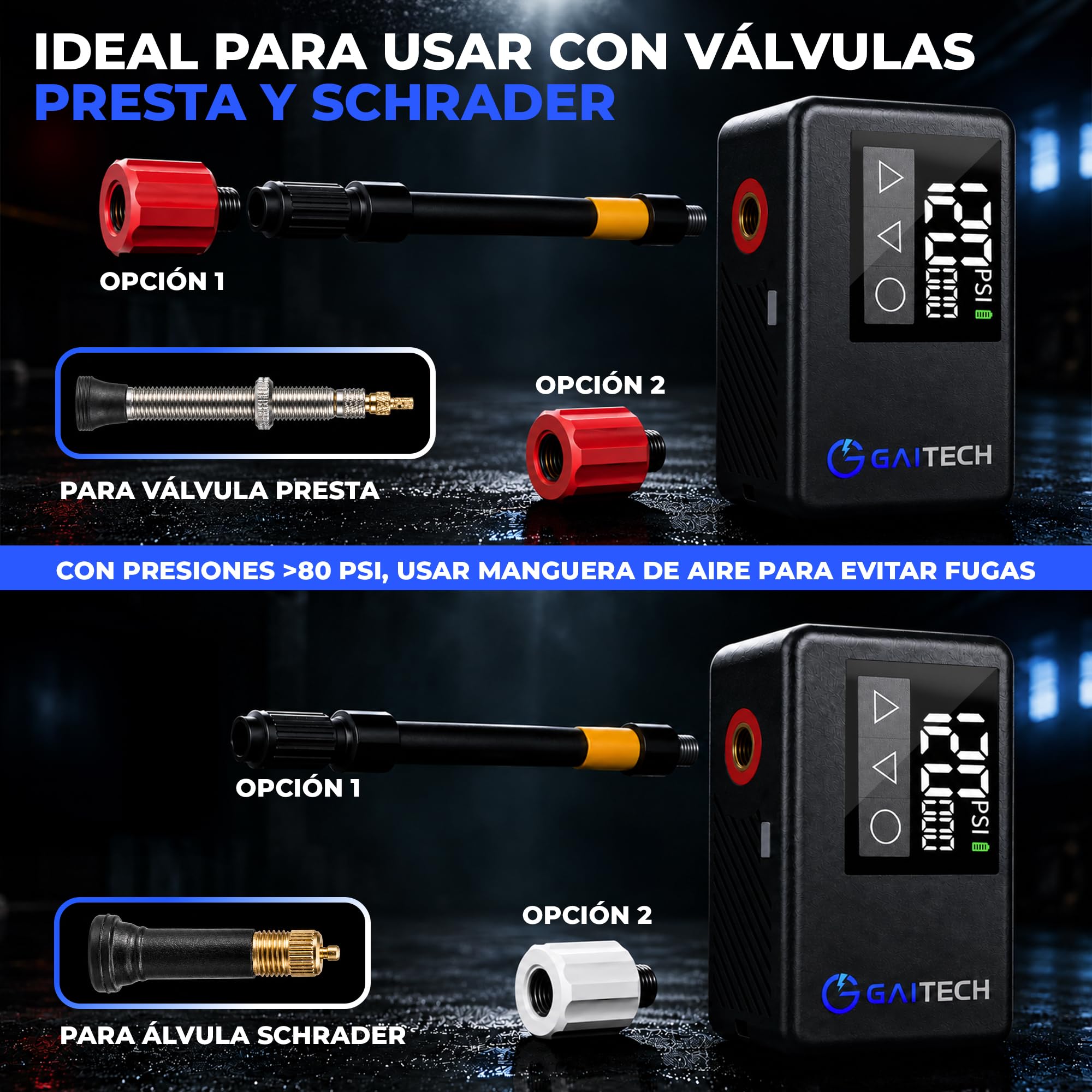 Inflador Eléctrico Bicicleta 120 PSI, Bomba de Bicicleta Portátil Recargable con Luz LED y Pantalla Digital, Hinchador Eléctrico Compacto Compatible Presta y Schrader, Inflado Rápido MTB y Carretera