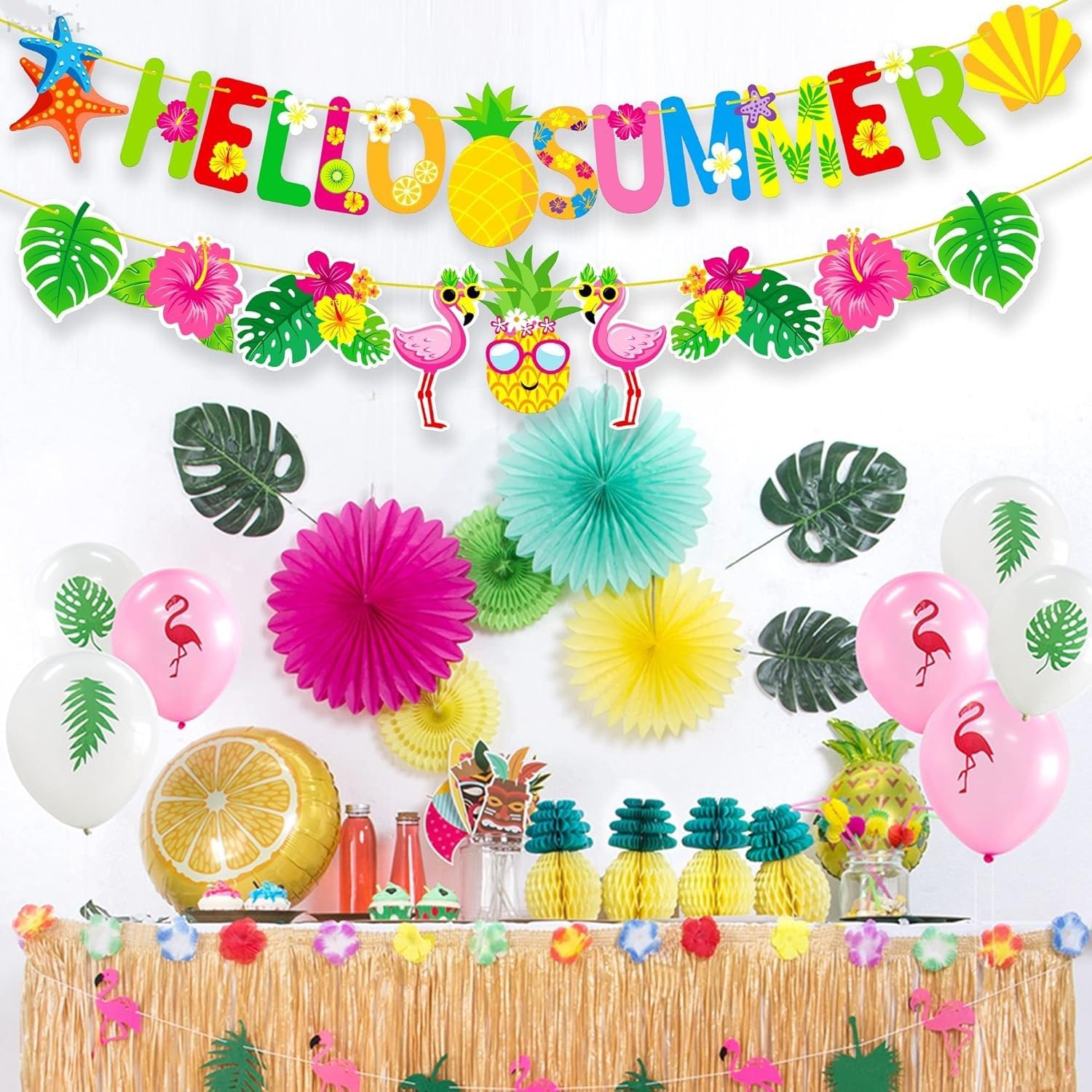 TaoBary Summer Party Decorations Set - Hawaiian Watermelon Flamingo Banner & Paper Fans